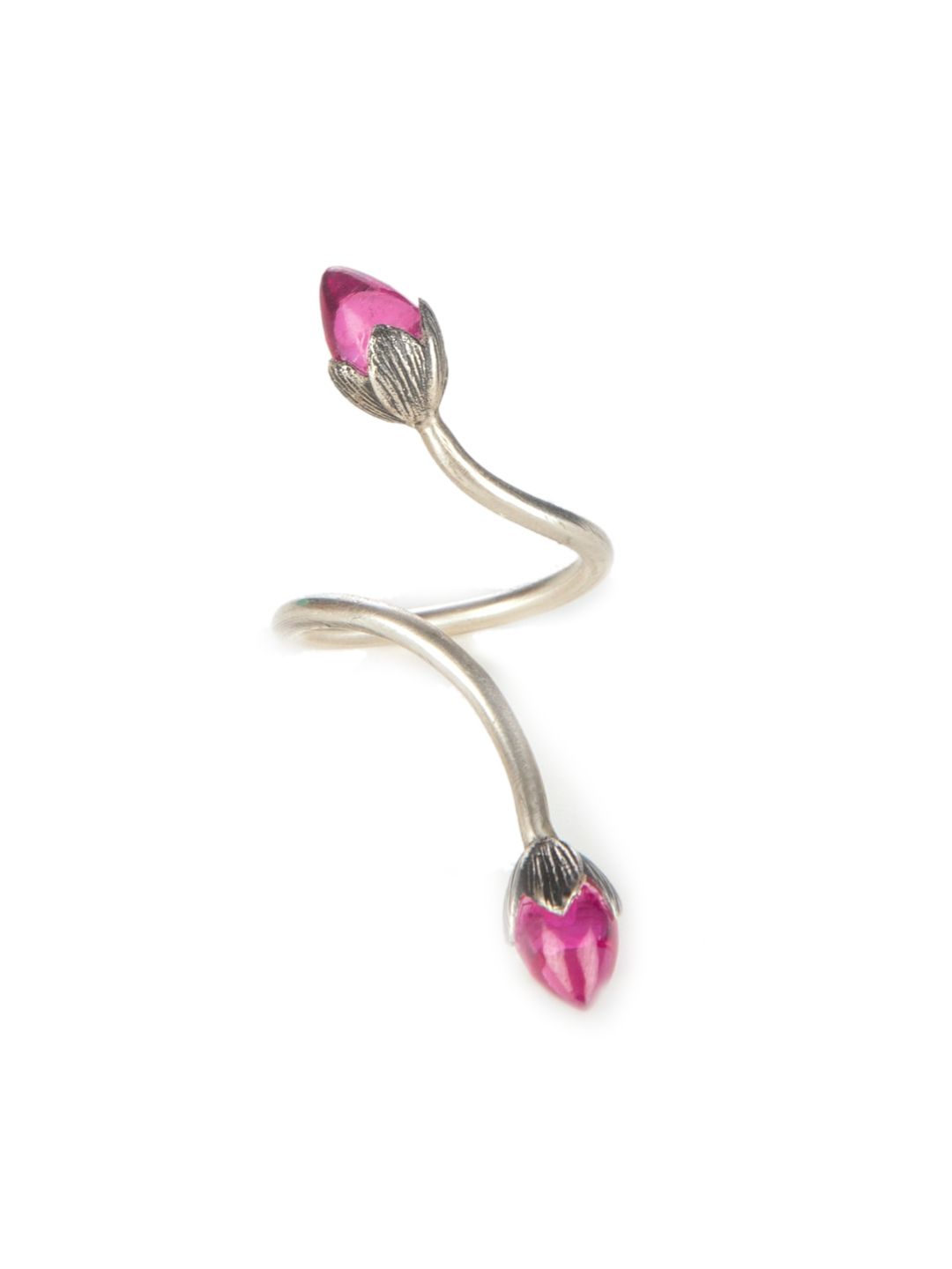 SHAYA Silver-Toned & Pink Sapphire Studded Lotus Open Finger Ring Price in India