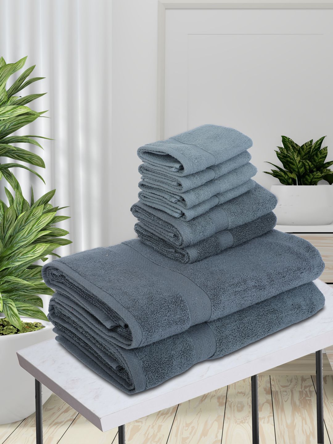 BIANCA Set Of 8 Grey Solid Pure Cotton 500 GSM Ultra-Fluffy Towel Set Price in India