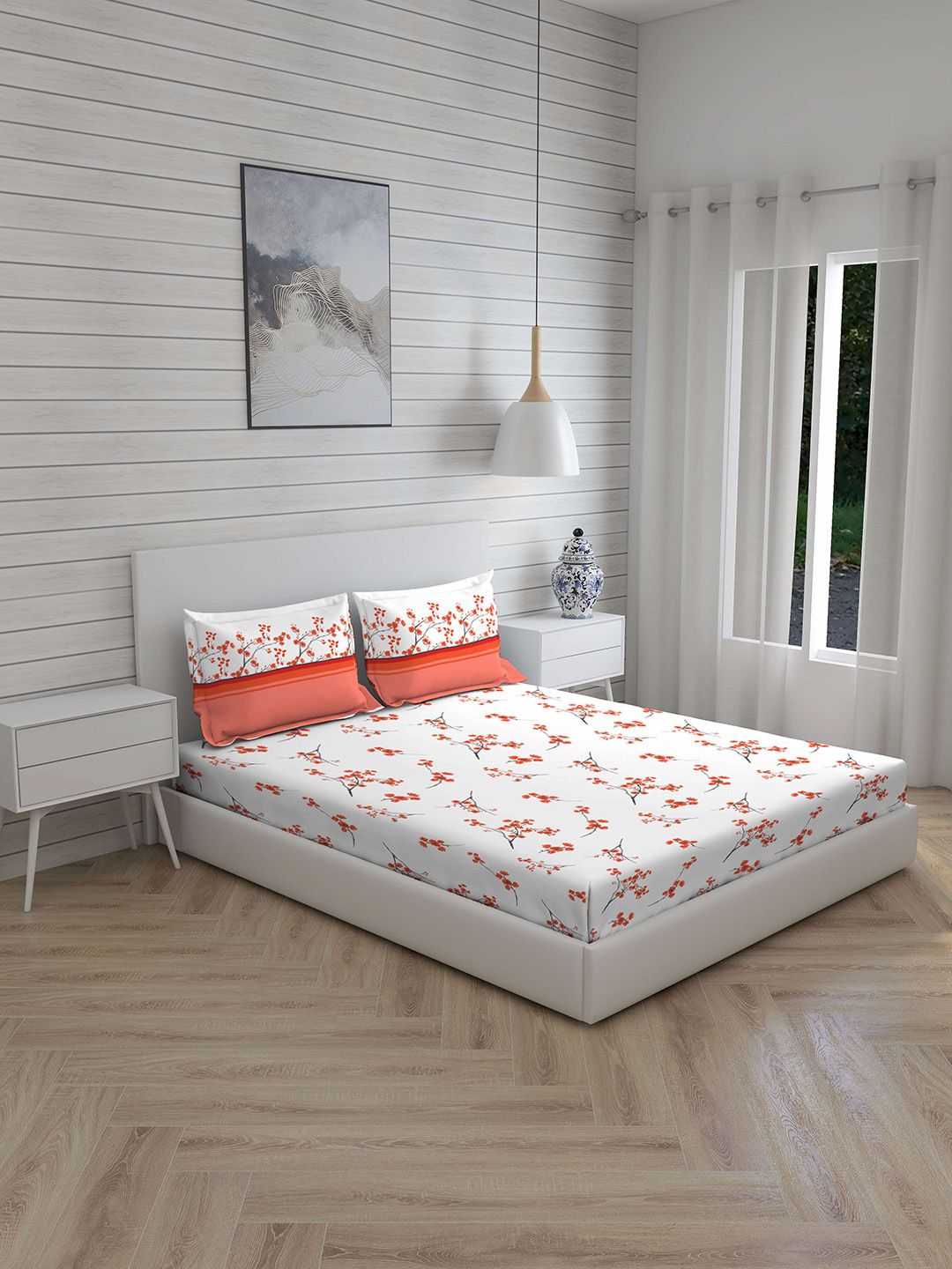 Layers White & Orange Floral 144 TC Queen Bedsheet with 2 Pillow Covers Price in India
