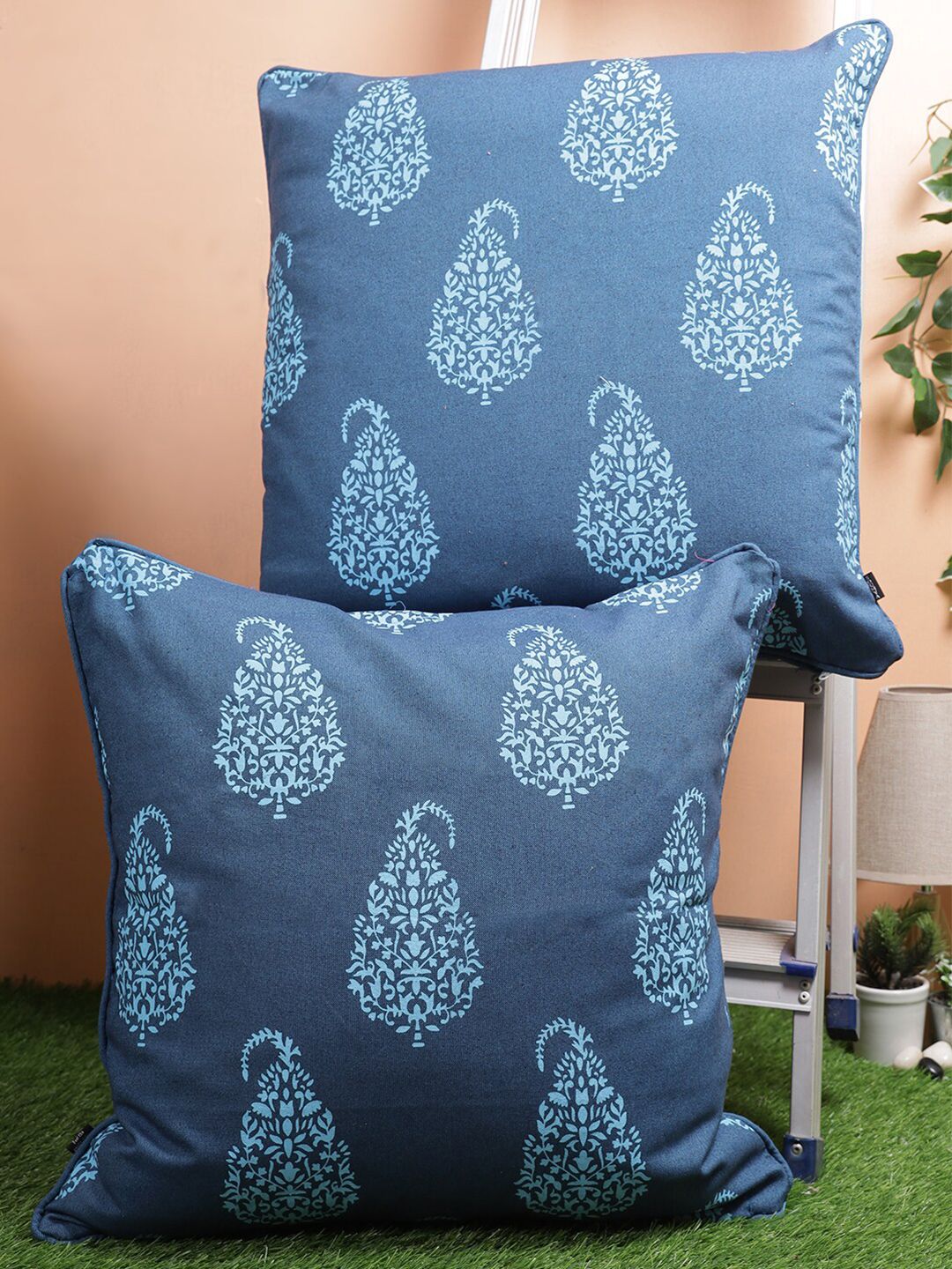 Soumya Blue Set of 2 Ethnic Motifs Square Cushion Covers Price in India