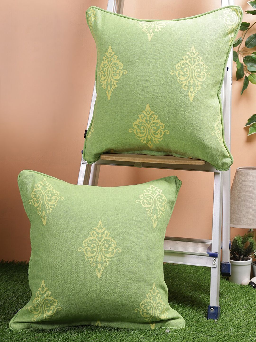 Soumya Green & Yellow Set of 2 Ethnic Motifs Square Cushion Covers Price in India