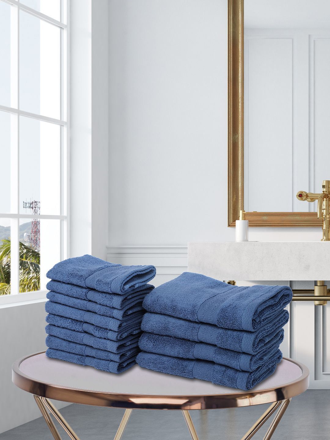 BIANCA Set Of 12 Blue Solid Zero-Twist 500 GSM Pure Cotton Ultra-Fluffy Towel Set Price in India
