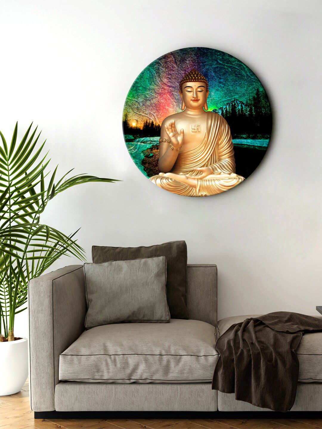 999Store Gold-Toned & Green Blessing Buddha Round Shape Wall Painting Price in India