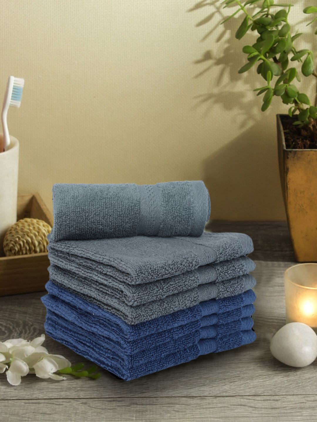 BIANCA Set Of 8 Grey & Blue Solid 380 GSM Pure Combed Cotton Terry Face Towels Price in India