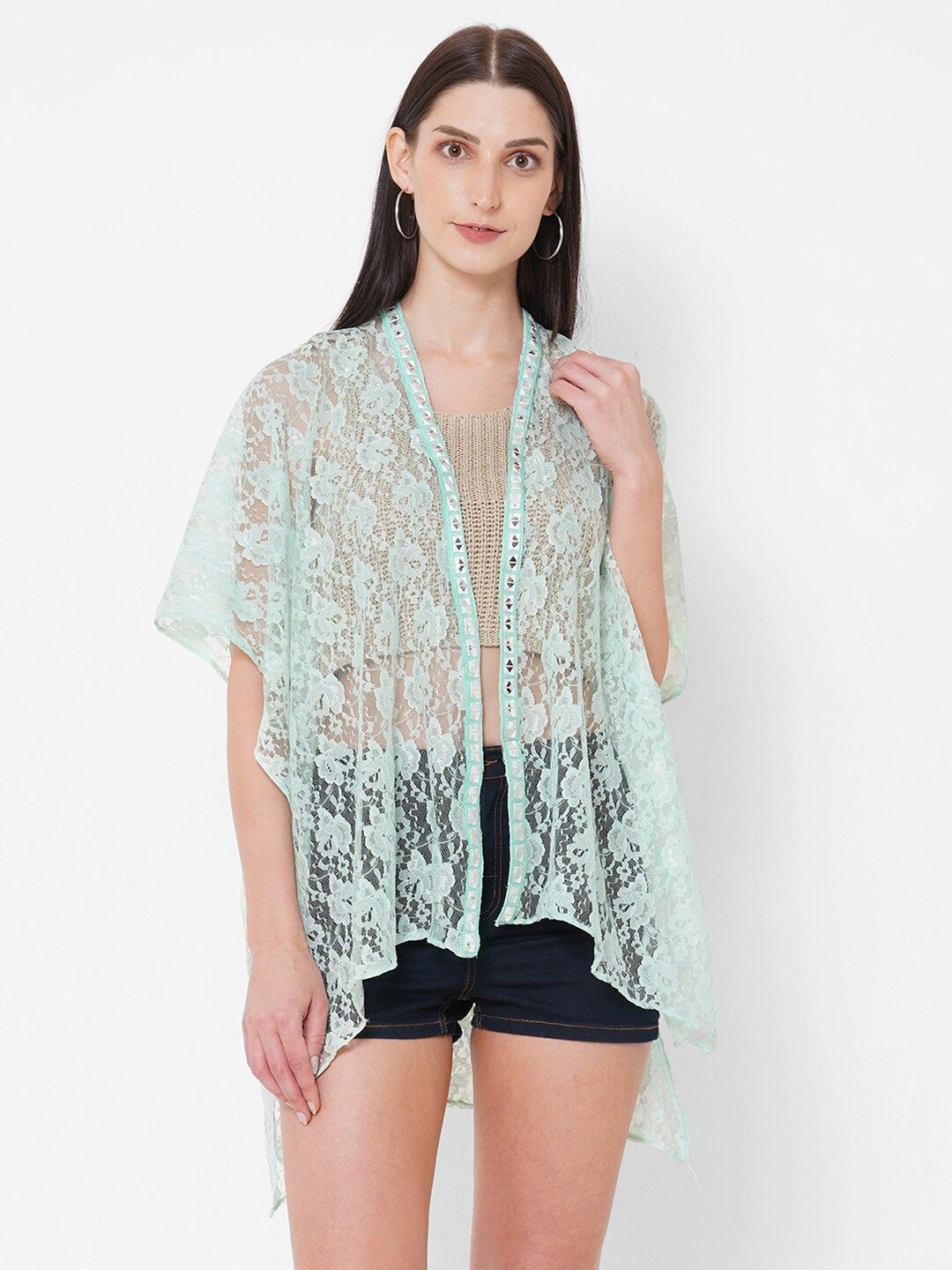 Get Wrapped Women Sea Green Embroidered Sheer Lace Shrug Price in India