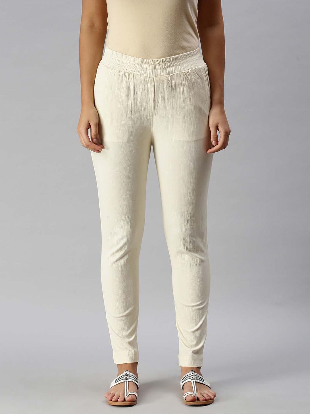 Soch Women Cream-Coloured Solid Crepe Regular Trousers Price in India