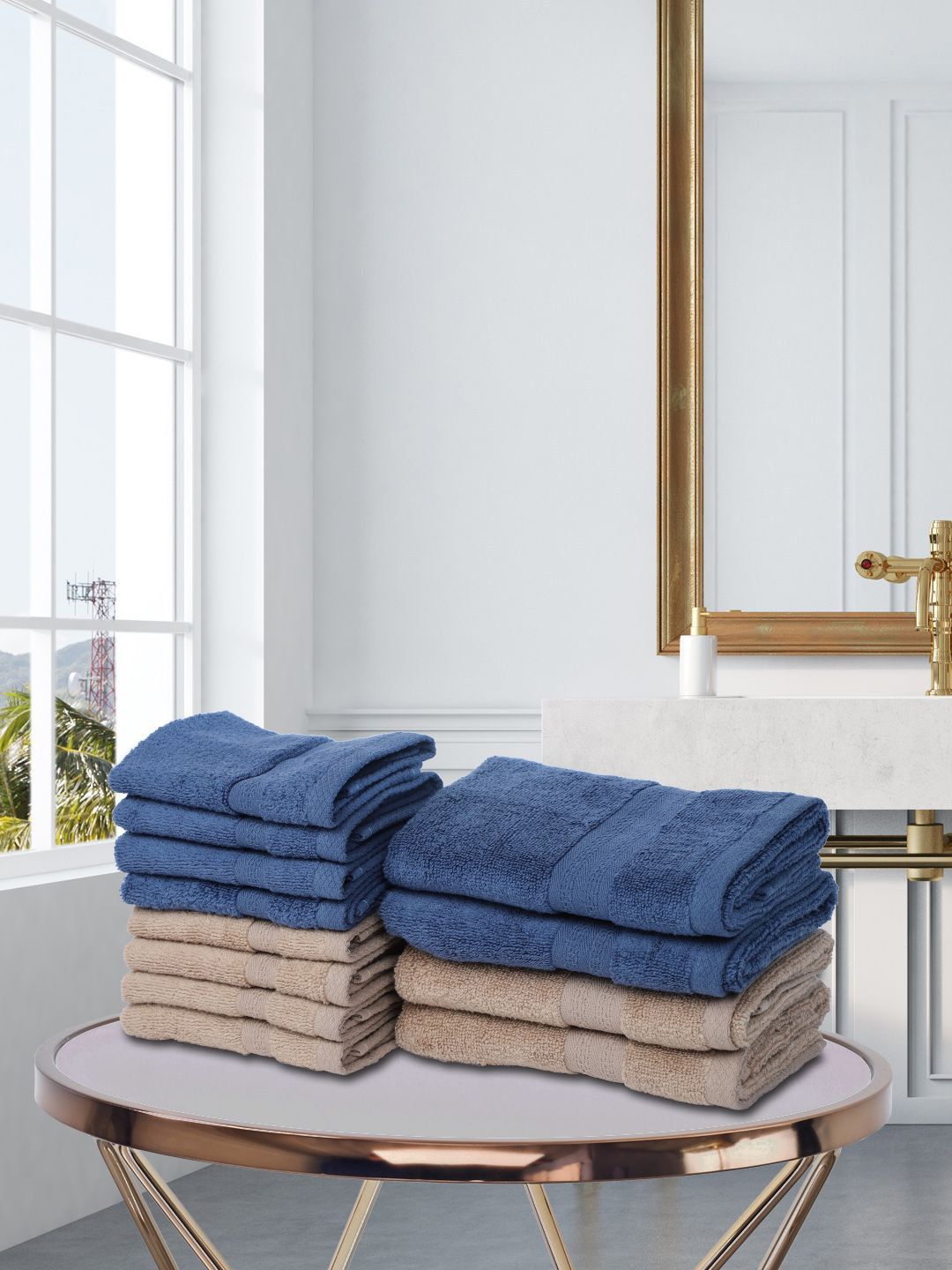 BIANCA Set Of 12 Navy Blue & Beige Solid Pure Cotton 500 GSM Super-Soft Towel Set Price in India