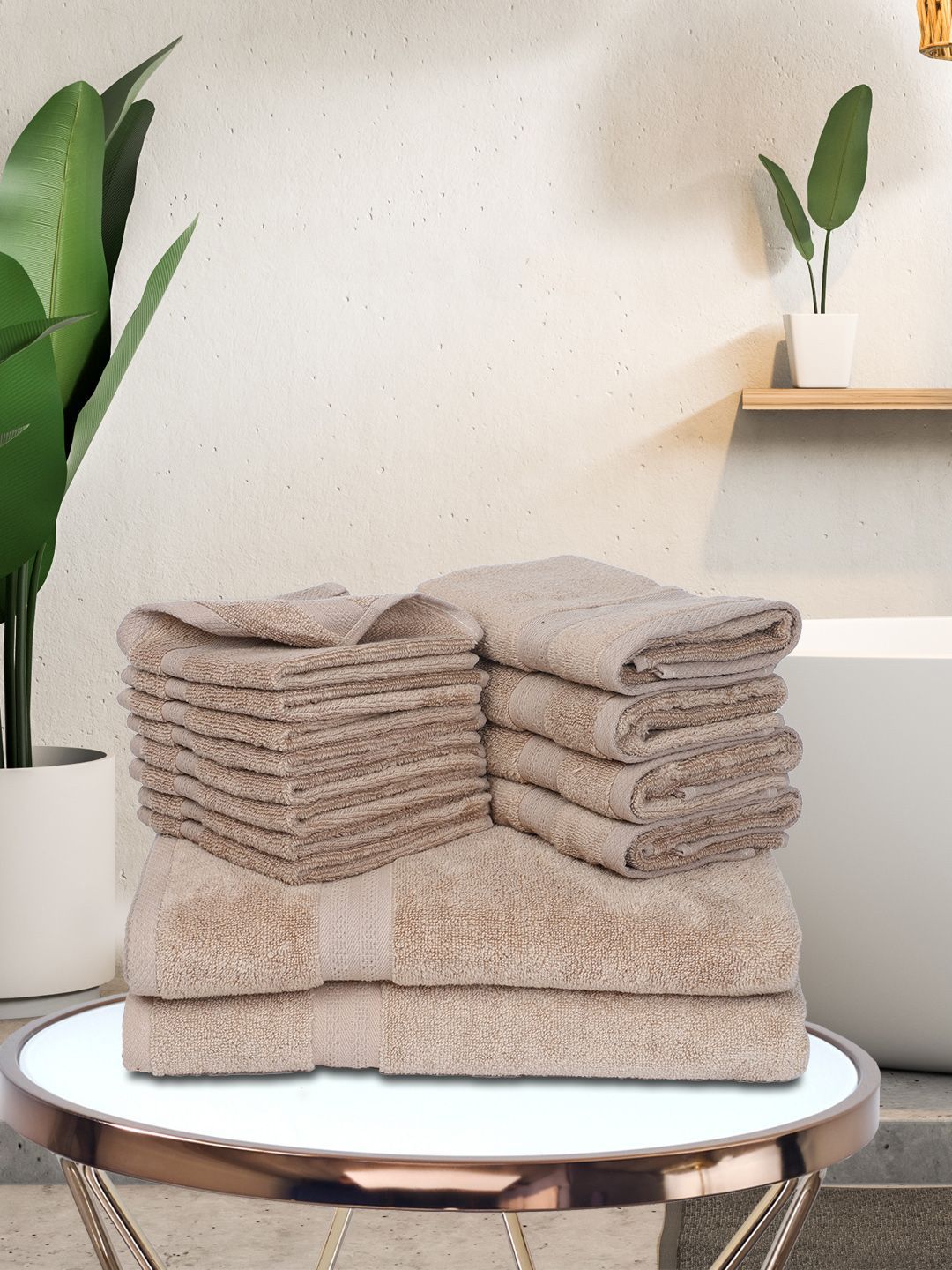 BIANCA Set Of 14 Beige Solid 500 GSM Pure Cotton Zero-Twist Ultra-Fluffy Towels Price in India