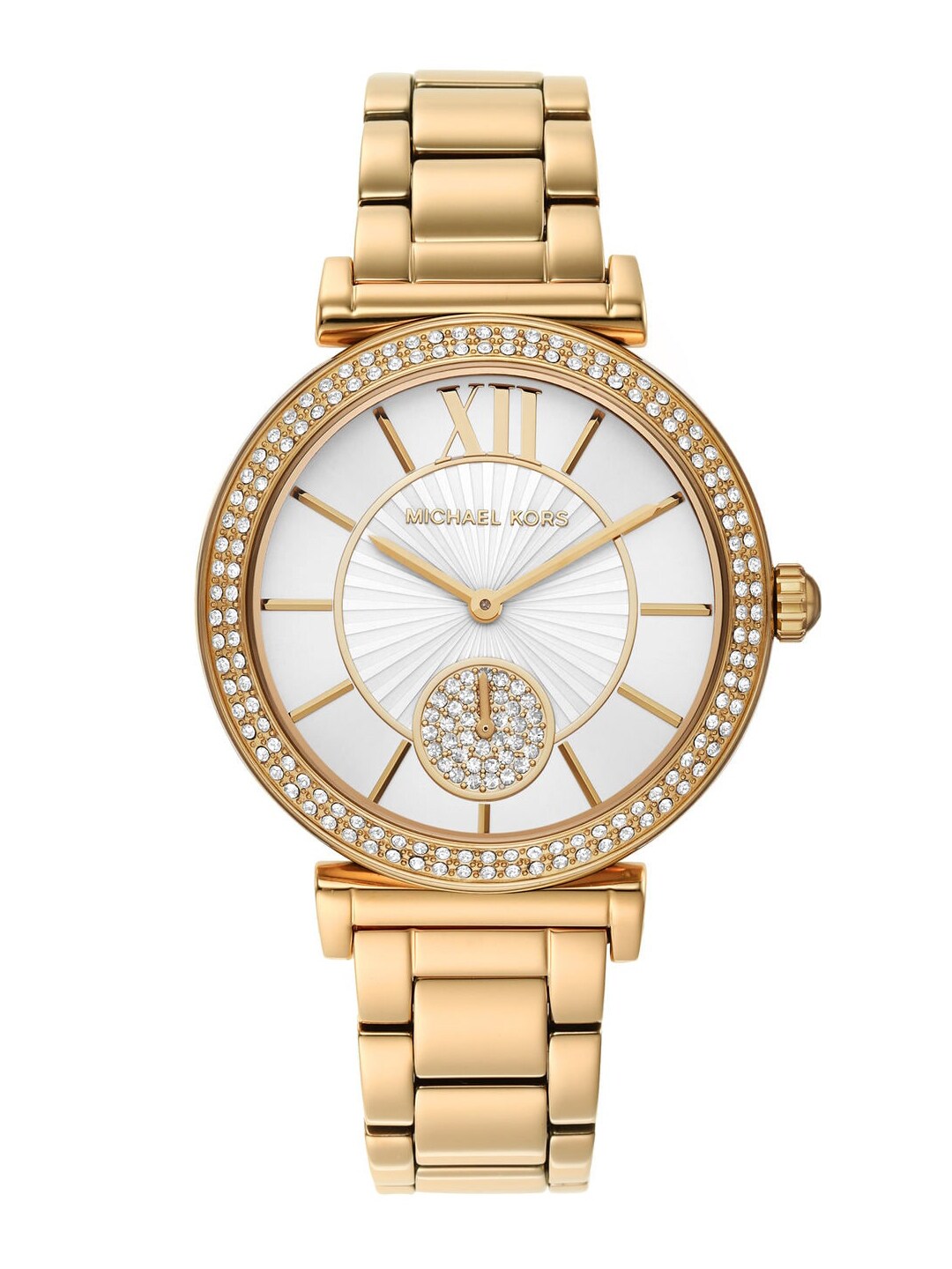 Michael Kors Women White Embellished Dial & Gold Toned Stainless Steel Straps Analogue Watch Price in India
