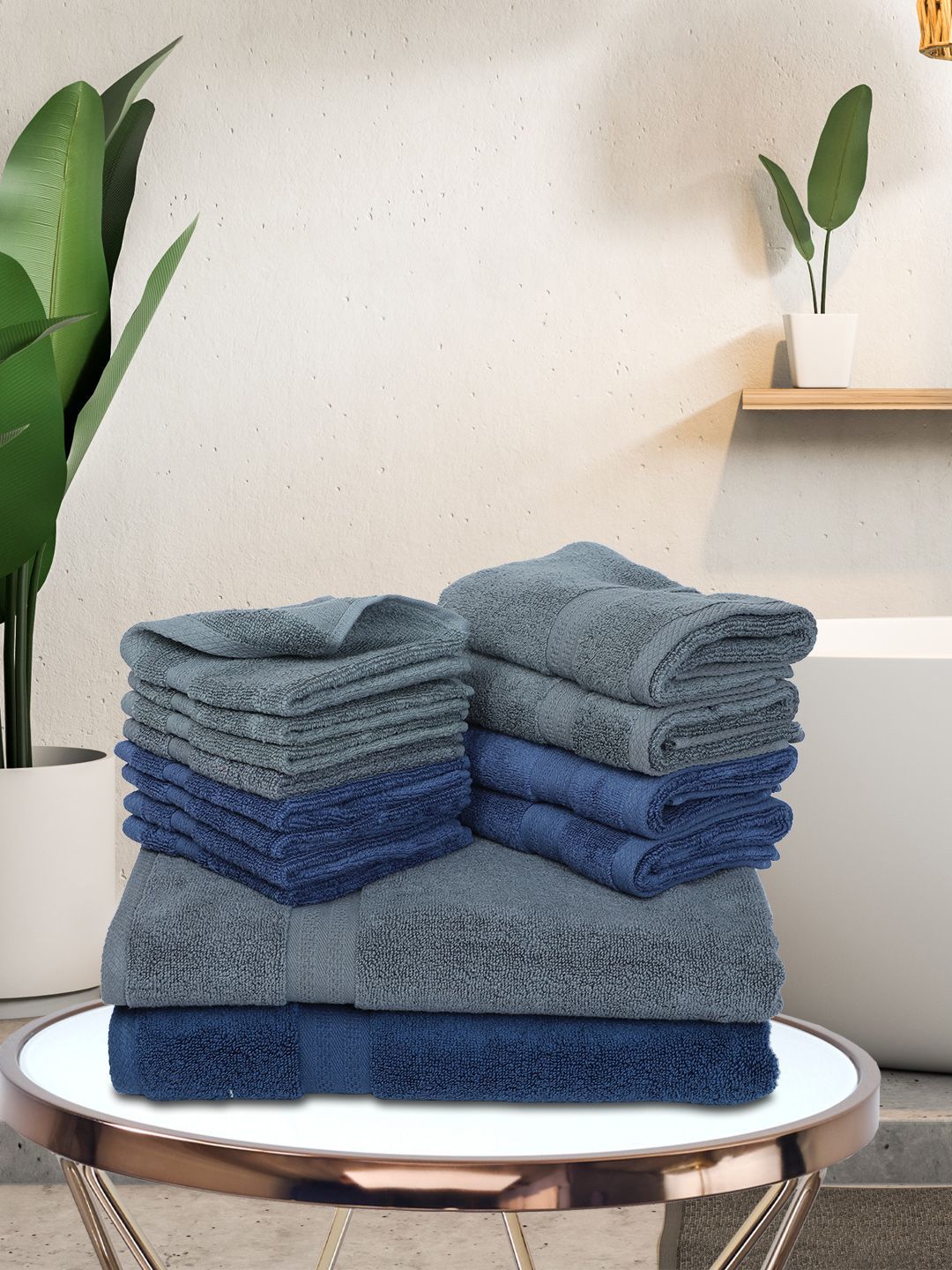 BIANCA Set Of 14 Solid 500 GSM Zero-Twist Pure Cotton Ultra-Fluffy Towels Price in India