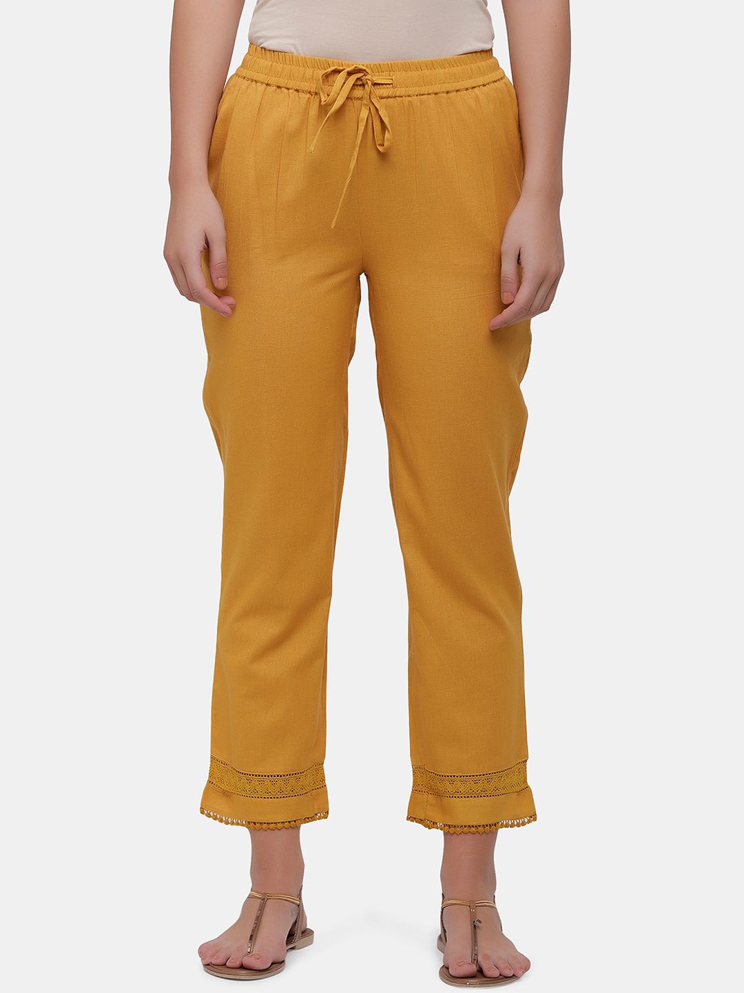 IMARA Women Mustard Yellow Solid Regular Trousers Price in India