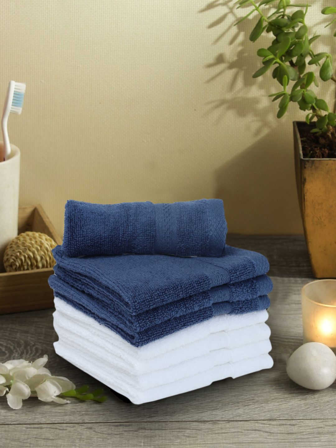 BIANCA White & Navy Blue Set of 8 Solid 500 GSM Cotton Face Towels Price in India