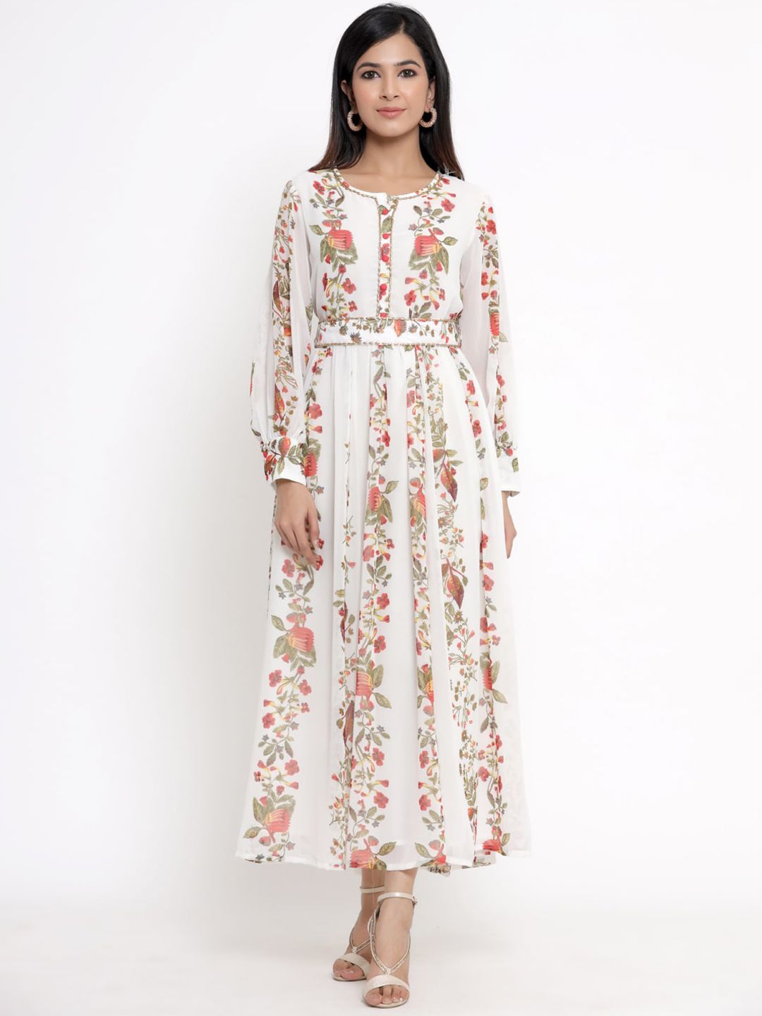 Juniper Off White Floral Printed Chiffon Maxi Dress With Belt Price in India