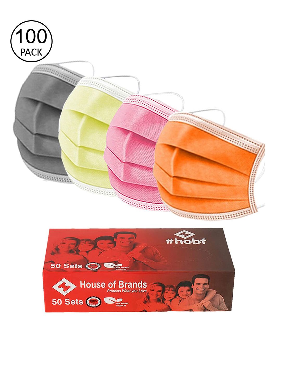 Swiss Design Pack Of 100 Adults 3ply Mask With Nose-Pin- Orange, Grey, Pink, Yellow Price in India