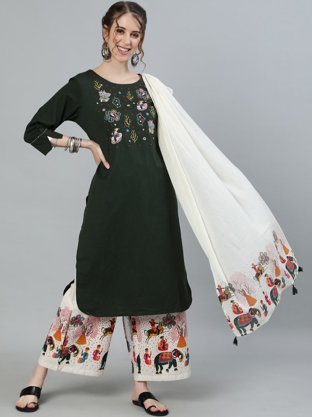 Ishin Women Green & Off-white Floral Embroidered & Block Printed Pure Cotton Kurta Set Price in India