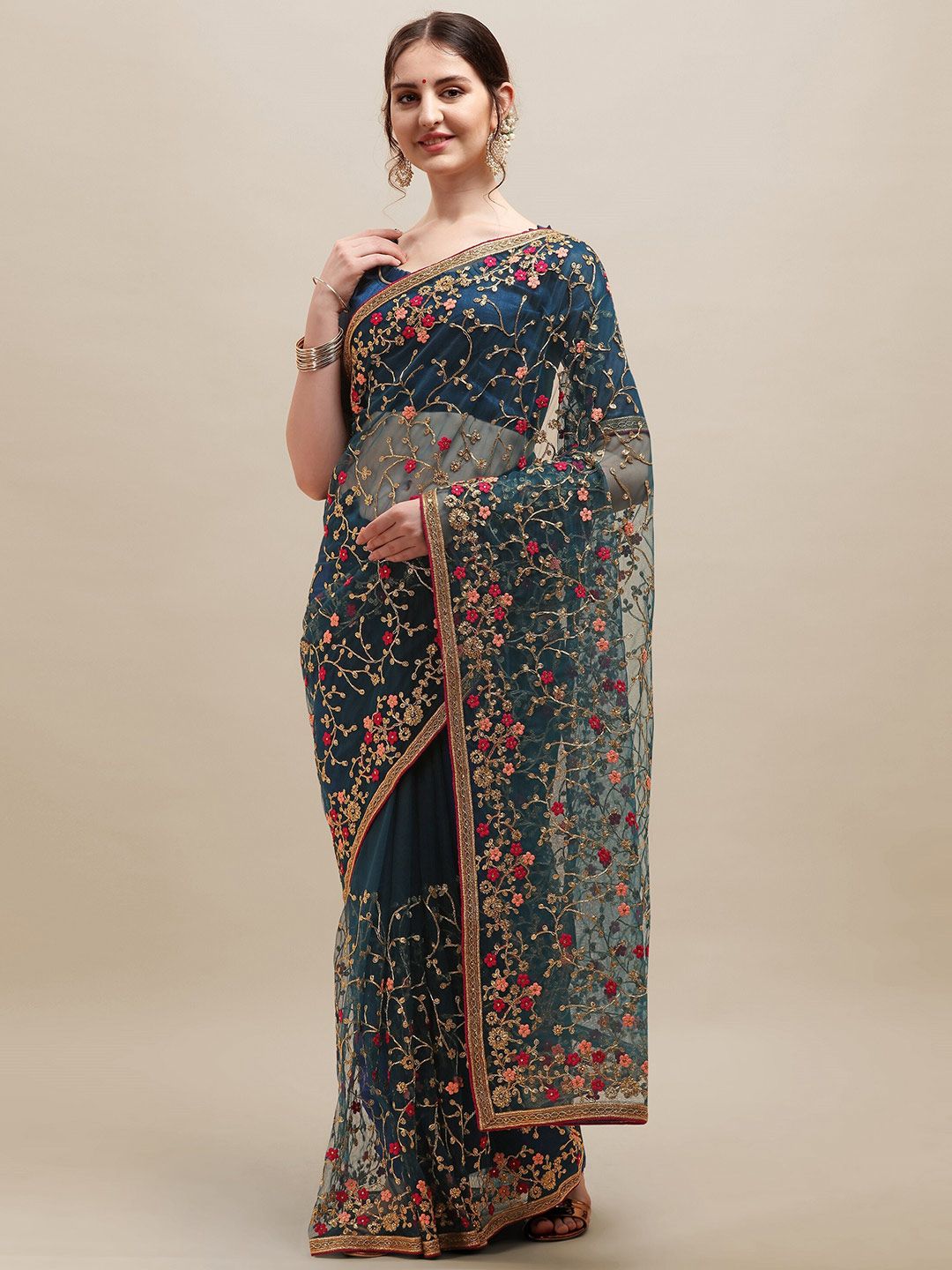 RAJGRANTH Blue & Red Floral Embroidered Net Ready to Wear Saree