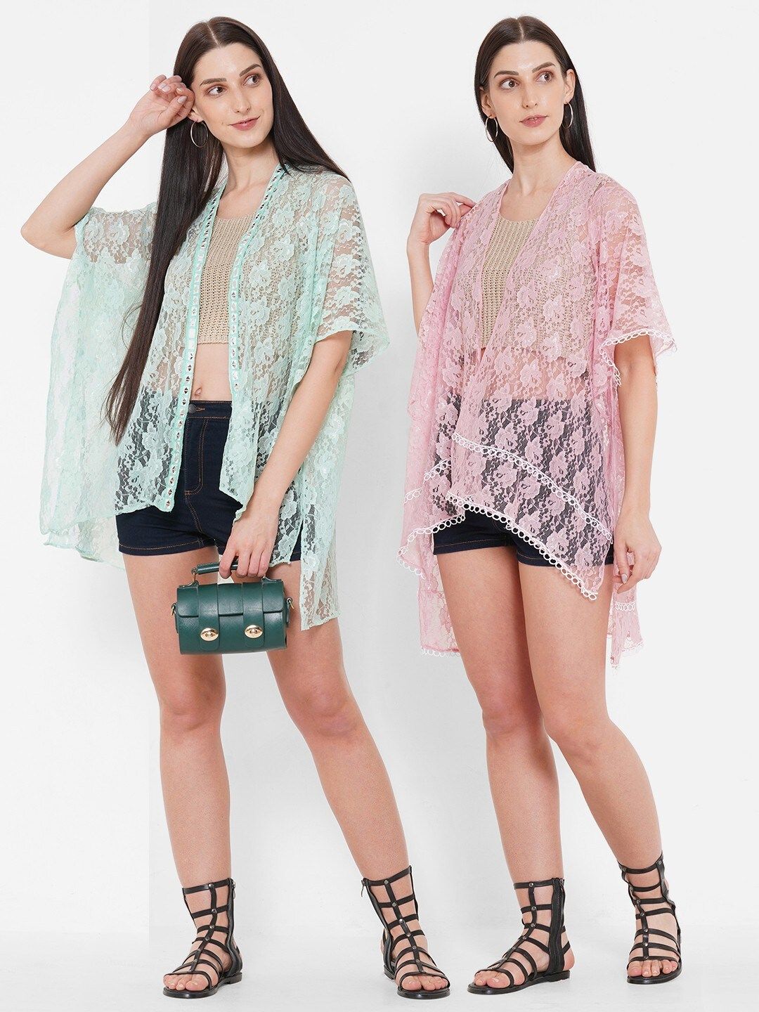 Get Wrapped Women Pack Of 2 Pink & Sea Green Embroidered Sheer Lace Shrugs Price in India