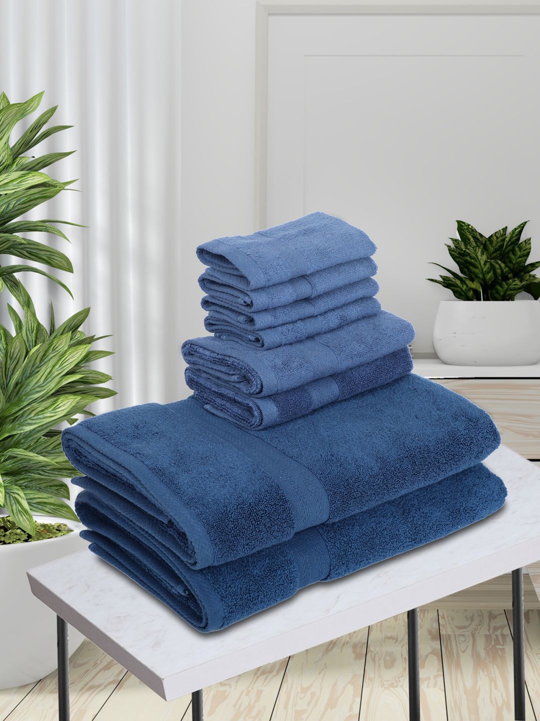 BIANCA Set Of 8 Blue Solid 500 GSM Pure Cotton Zero-Twist Ultra-Fluffy Towels Price in India