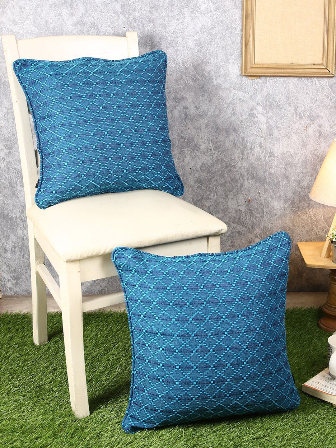 Soumya Blue Set of 2 Geometric Square Cushion Covers Price in India