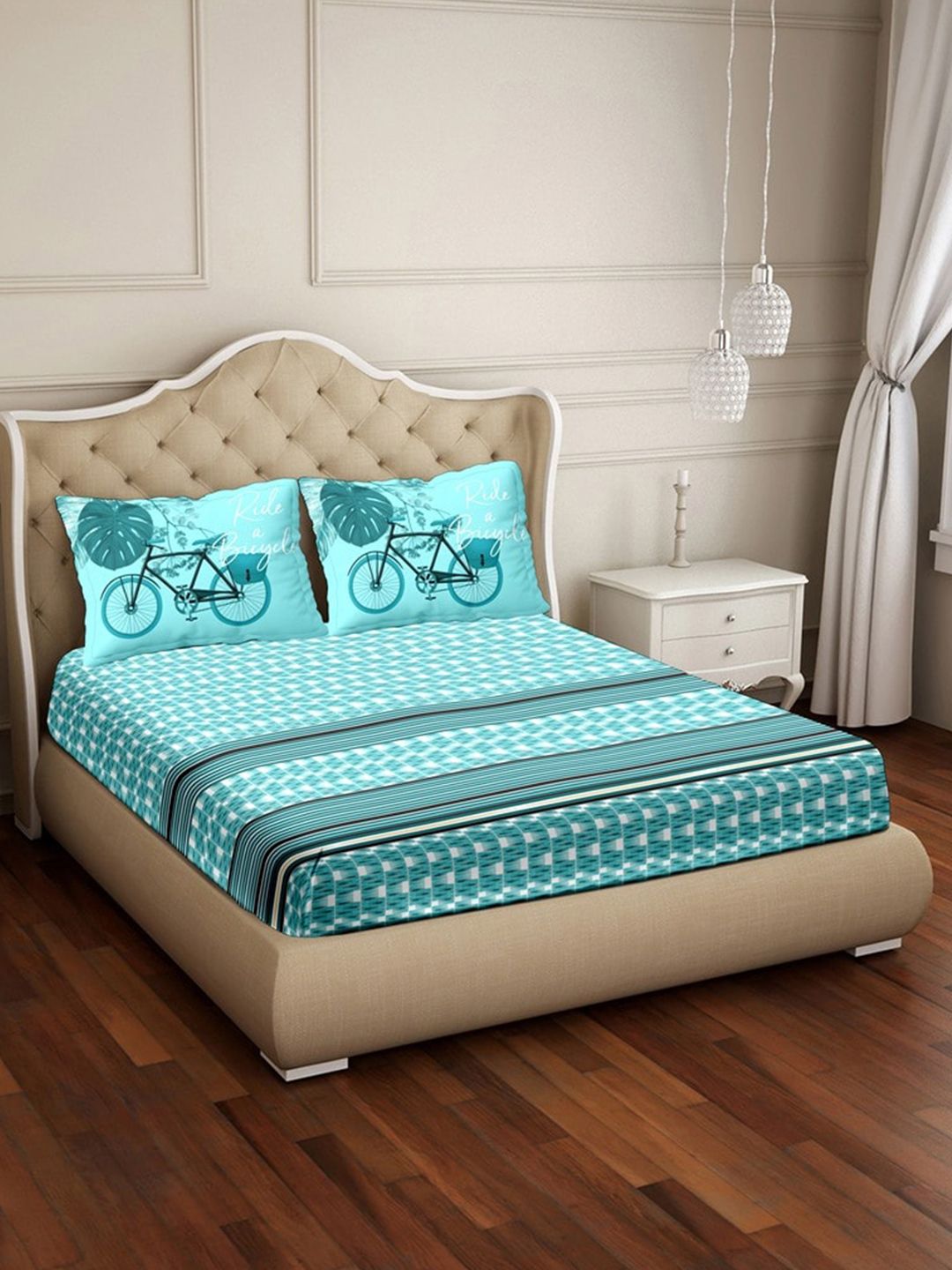 BELLA CASA Turquoise Blue & White Geometric 250 TC King Bedsheet with 2 Pillow Covers Price in India