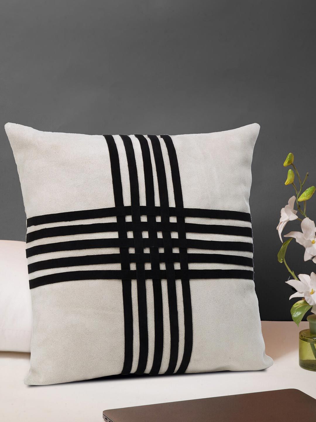 IMUR Beige & Black Checked Leather Square Cushion Covers Price in India