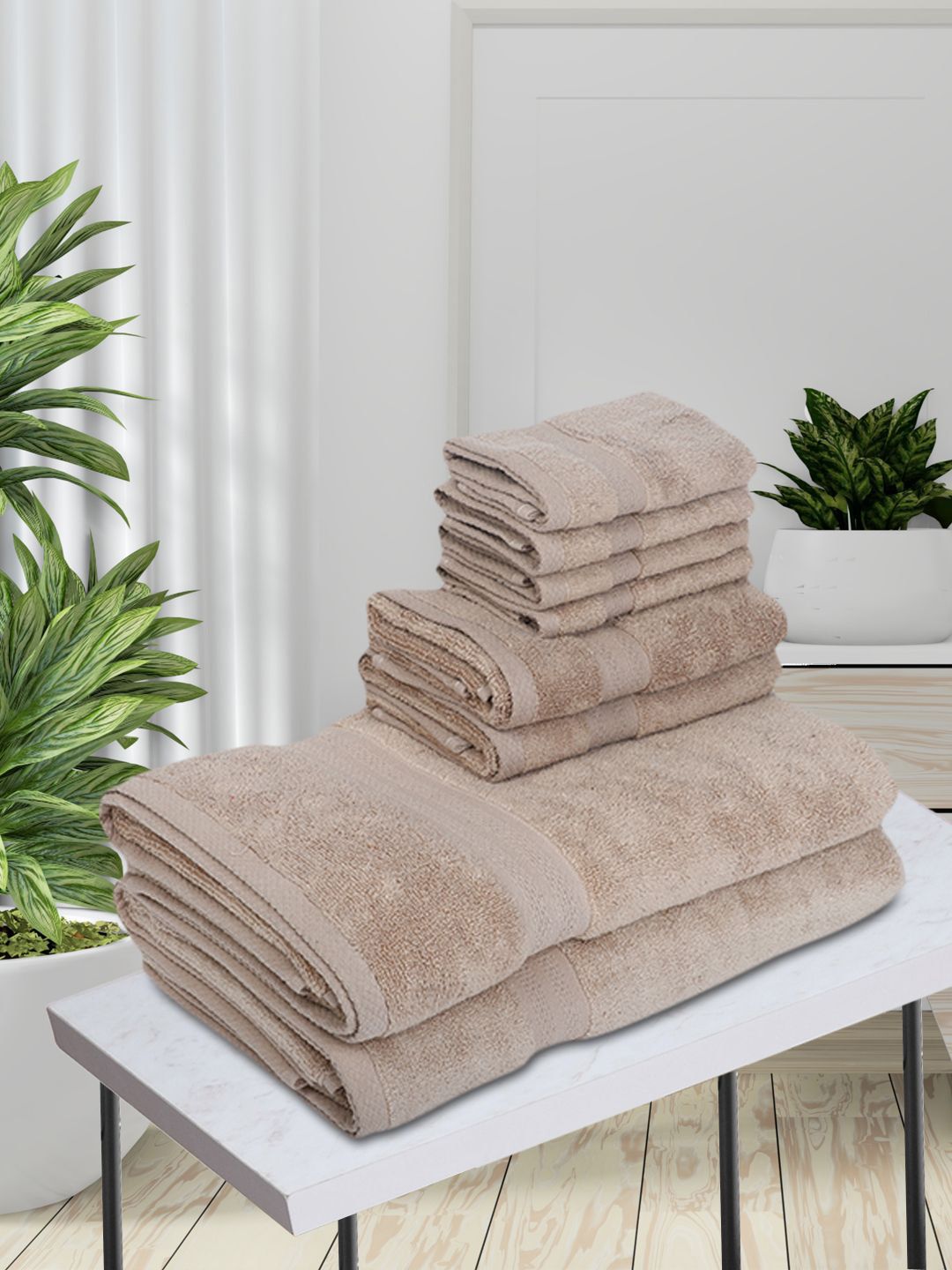 BIANCA Set Of 8 Taupe Solid 380 GSM Pure Combed Cotton Terry Towels Price in India