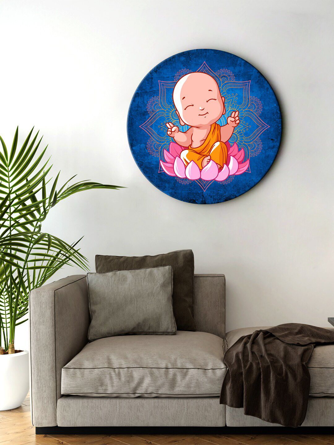 999Store Blue & Orange Little Laughing Buddha Siting On Lotus Round Shape Wall Art Price in India