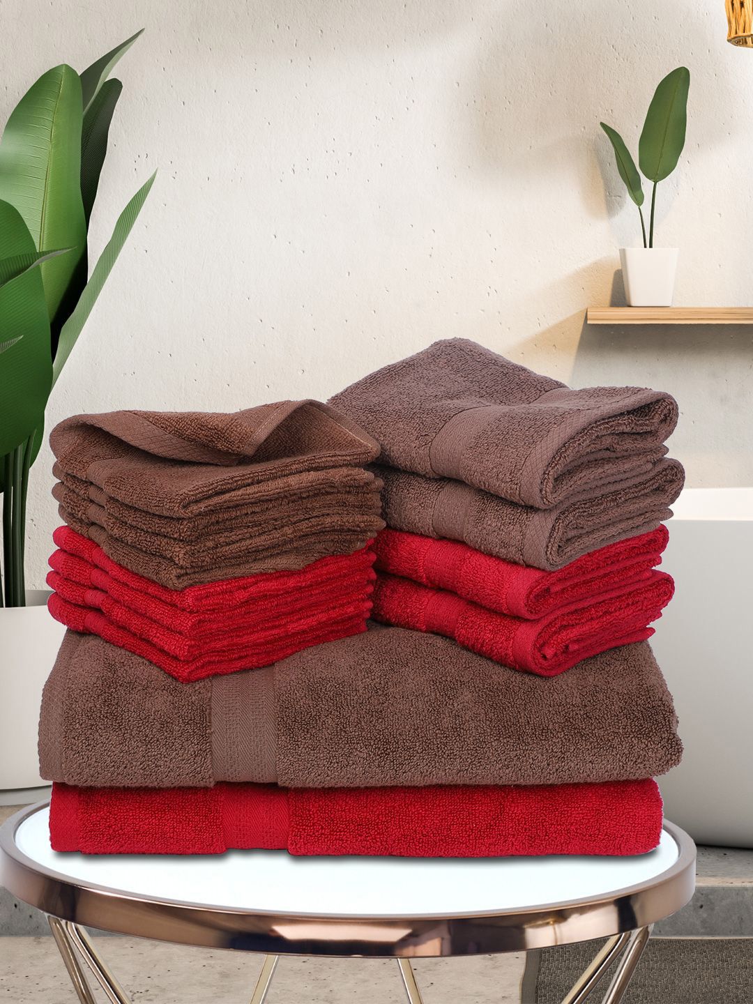 BIANCA Set Of 14 Brown & Red Solid Zero-Twist Pure Cotton 500 GSM Towel Set Price in India