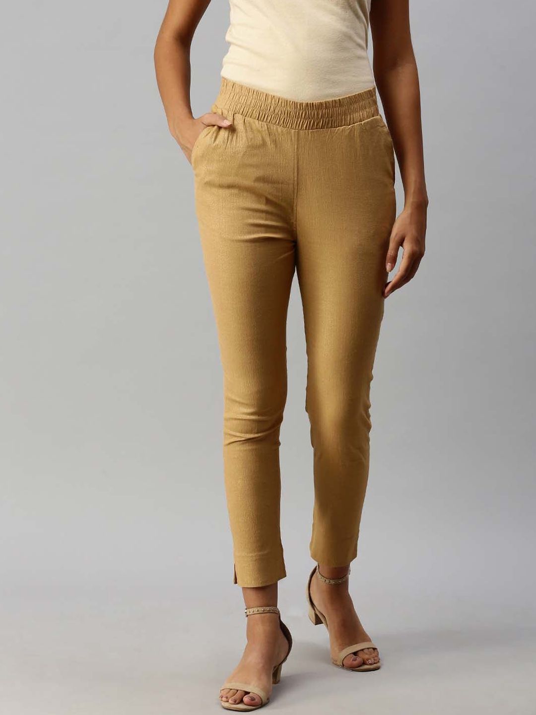 Soch Women Gold-Toned Solid Regular Trousers Price in India