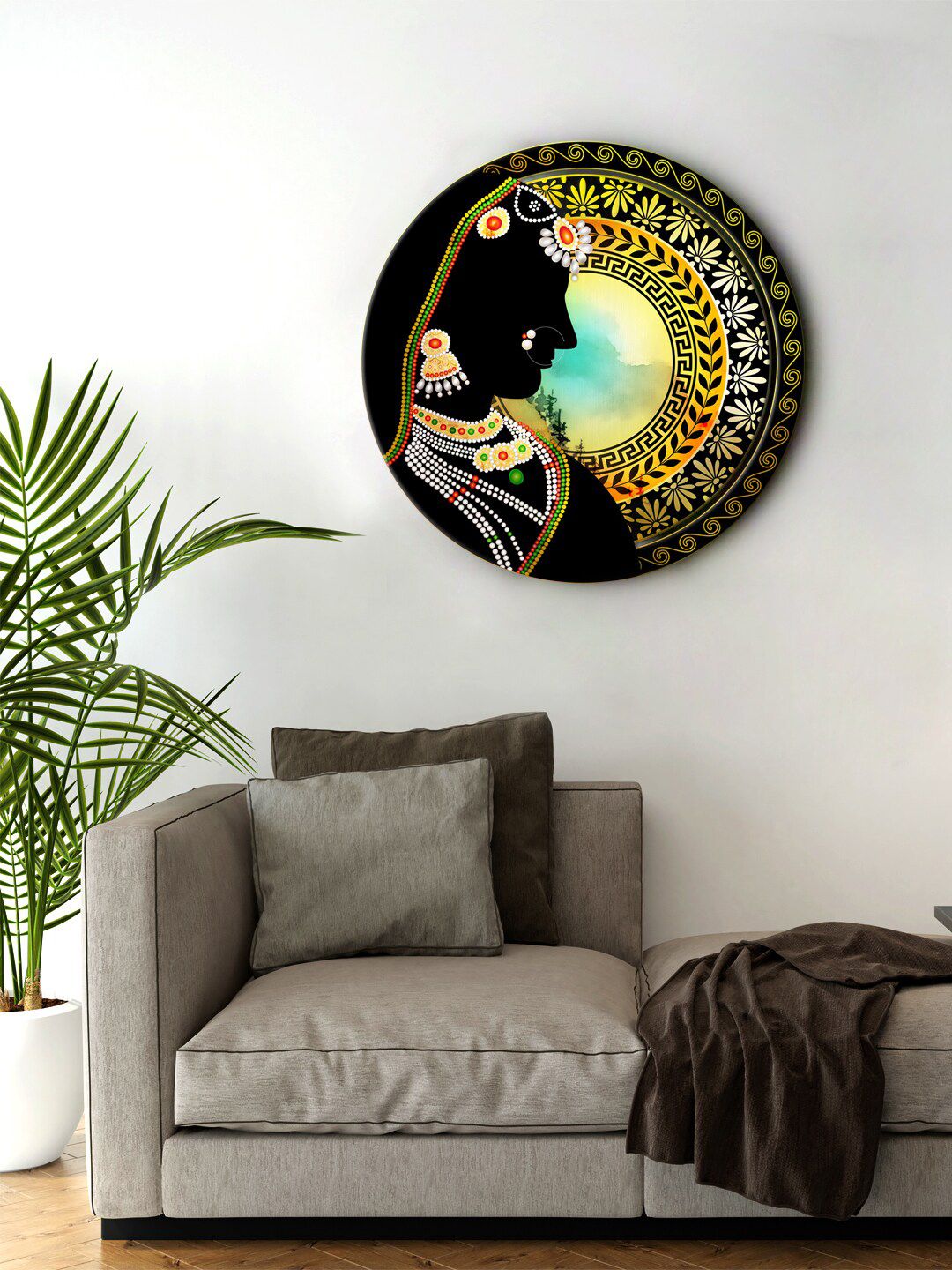 999Store Black & Yellow Digital Printed Indian Lady Face Round Wall Art Price in India