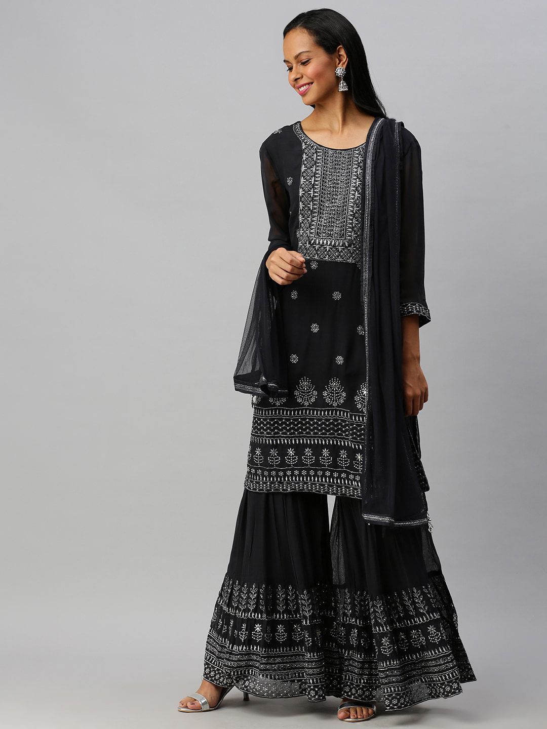 Soch Women Grey Ethnic Motifs Embellished Kurta with Sharara & Dupatta