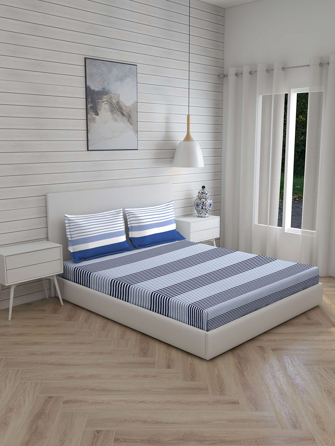 Layers Blue & White Striped 144 TC Queen Bedsheet with 2 Pillow Covers Price in India