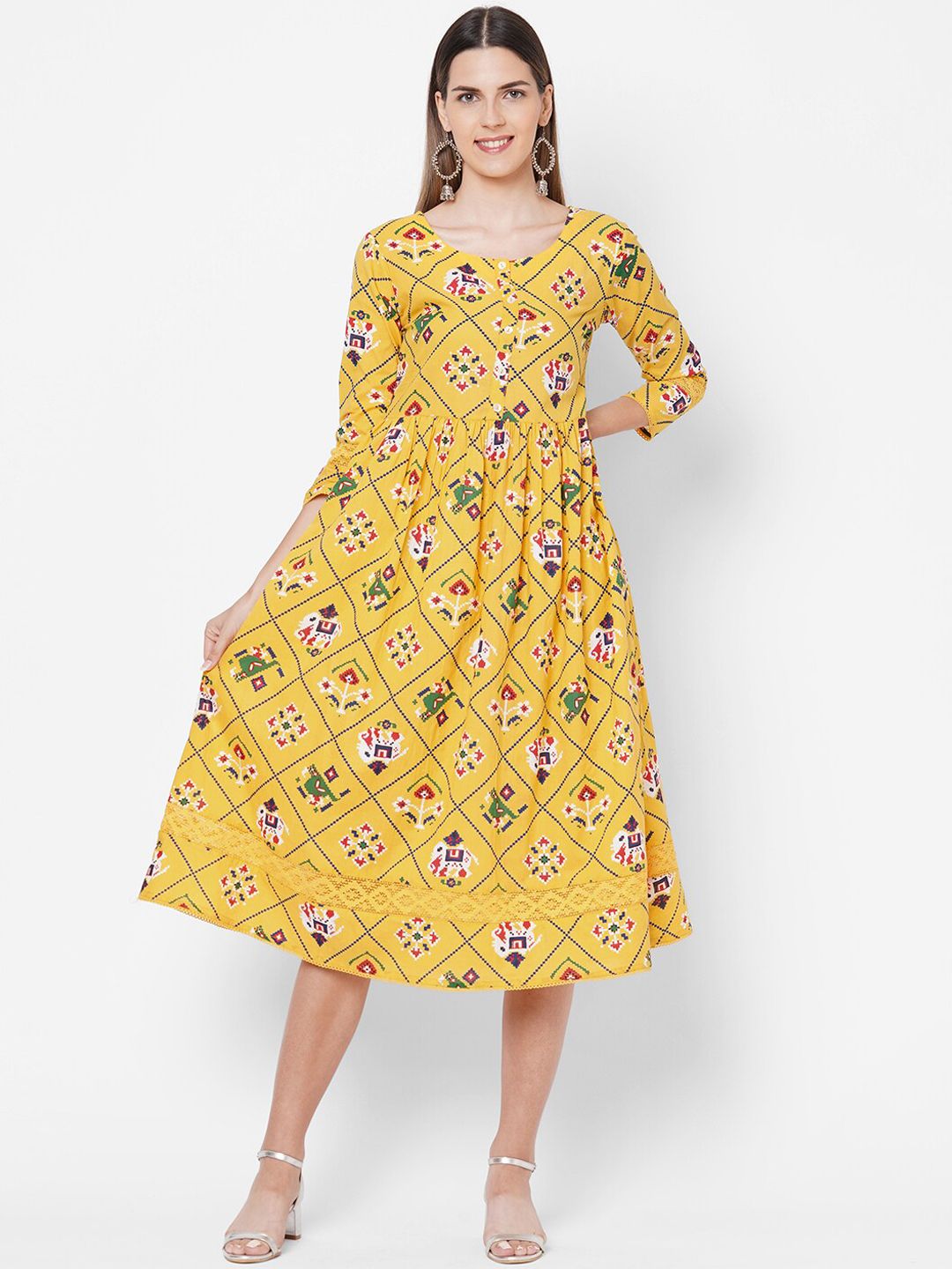 FASHOR Women Yellow Ethnic Motifs Midi Dress Price in India
