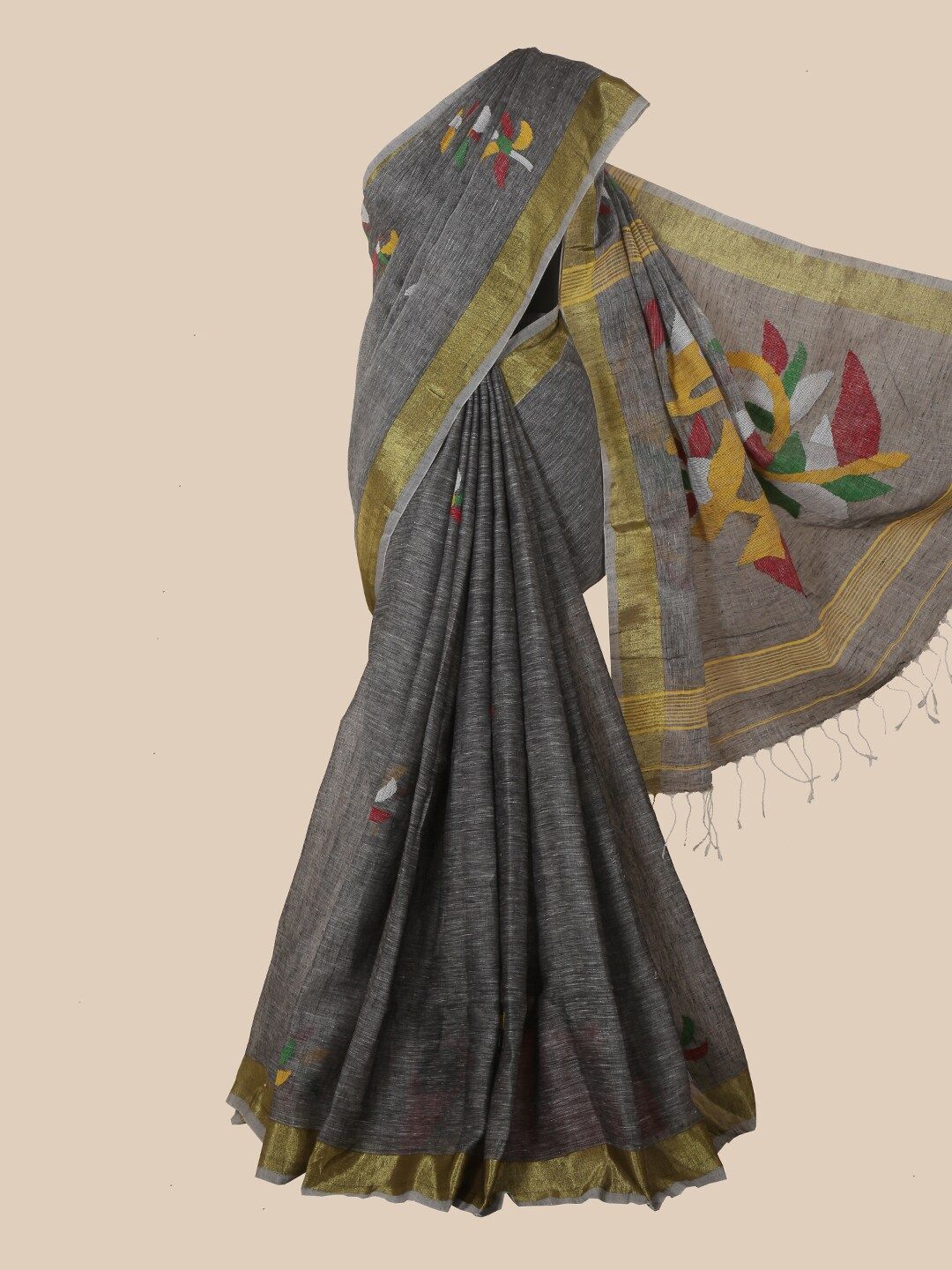 Pothys Grey & Mustard Ethnic Motifs Linen Blend Saree