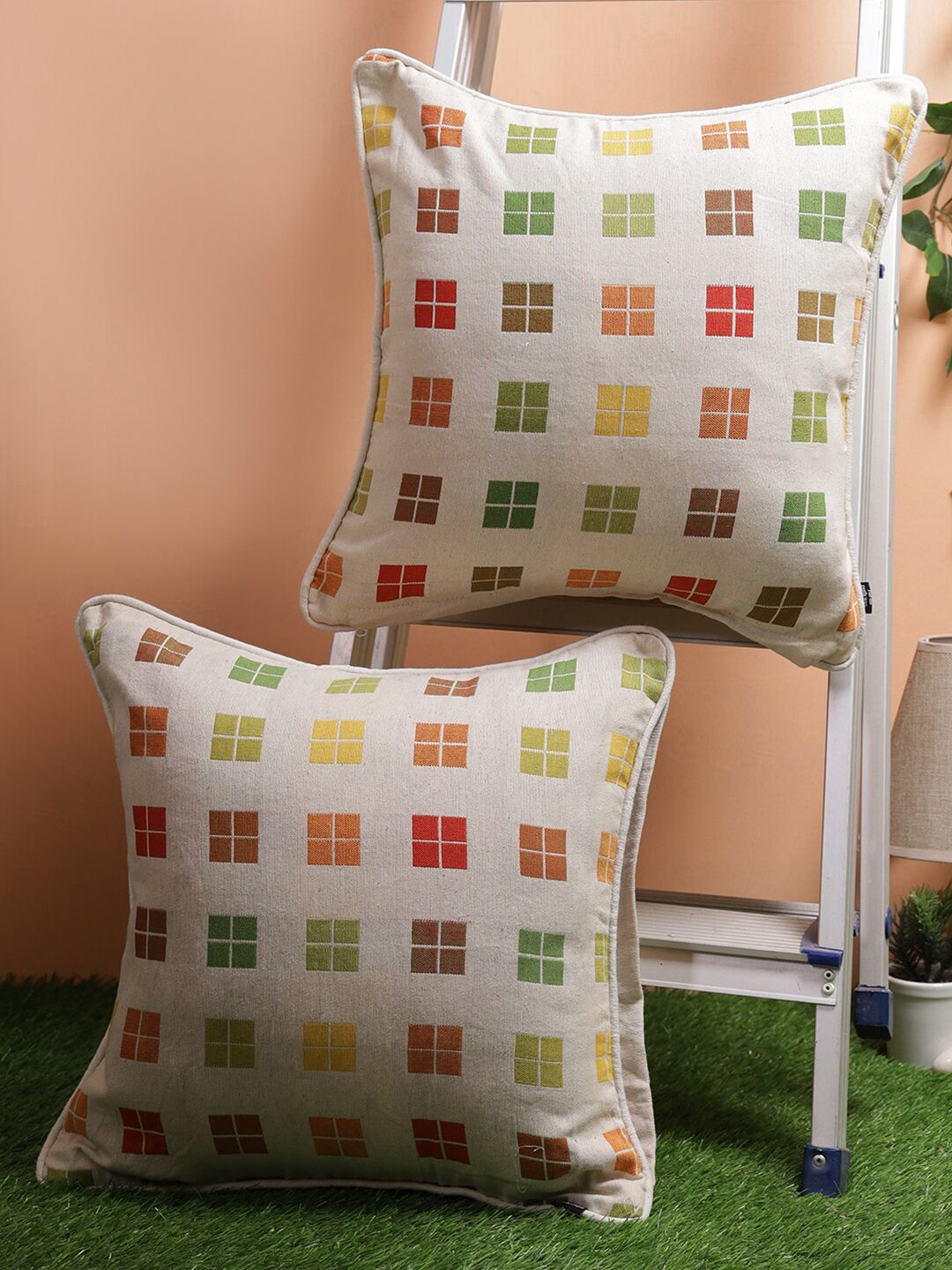 Soumya White & Green Set of 2 Checked Square Cotton Cushion Covers Price in India