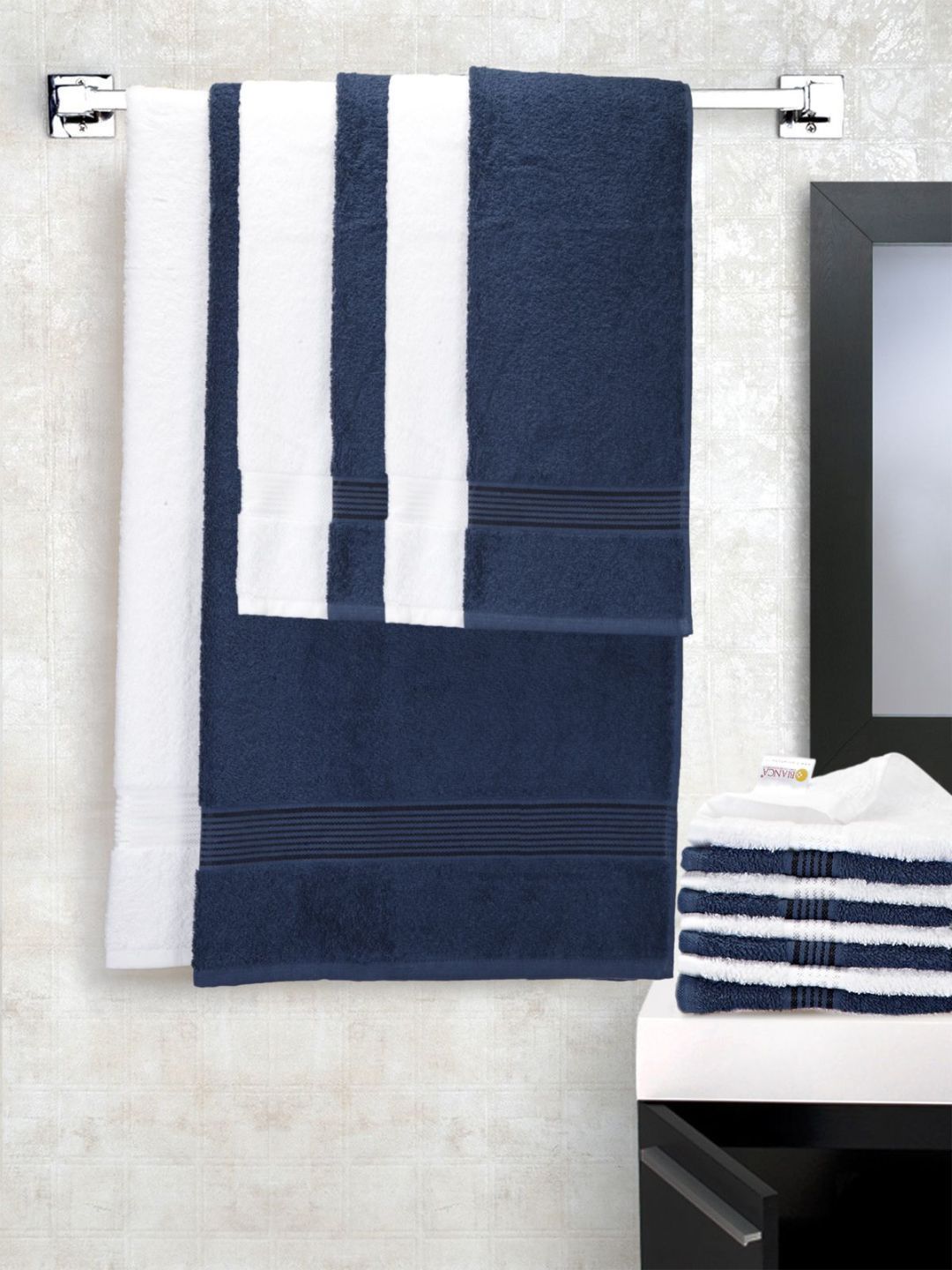 BIANCA Set Of 14 Navy Blue & White Solid 380 GSM Pure Cotton Super-Soft Terry Towels Price in India