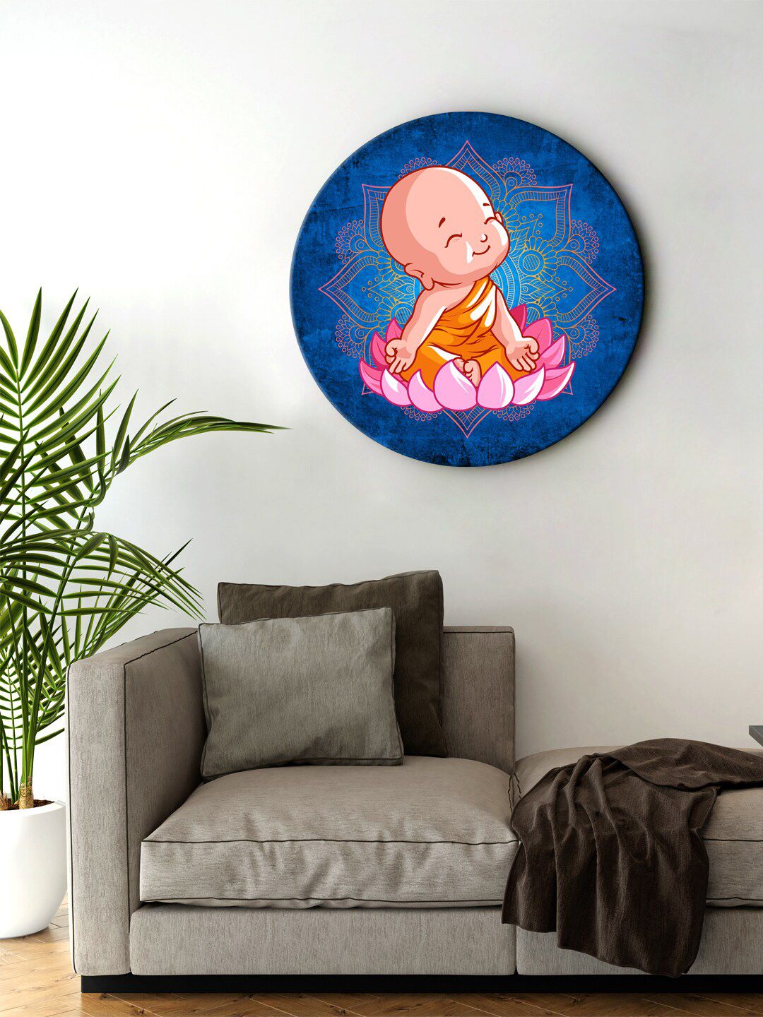 999Store Blue & Orange Little Laughing Buddha Sitting On Lotus Round Shape Wall Painting Price in India