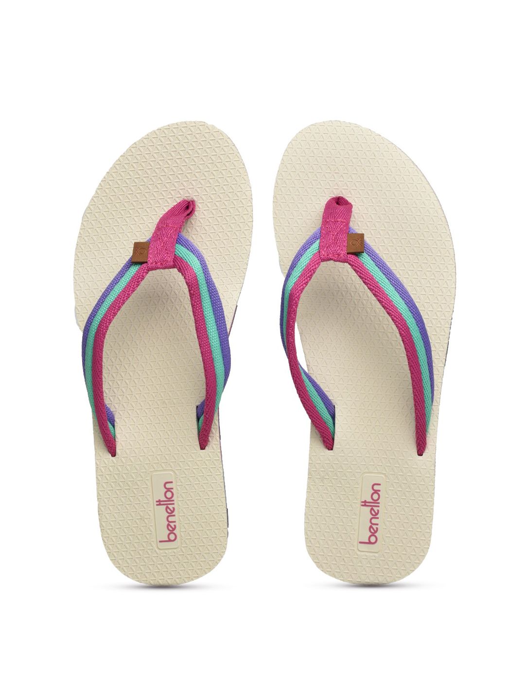 United Colors of Benetton Women Off White & Pink Striped Thong Flip-Flops Price in India