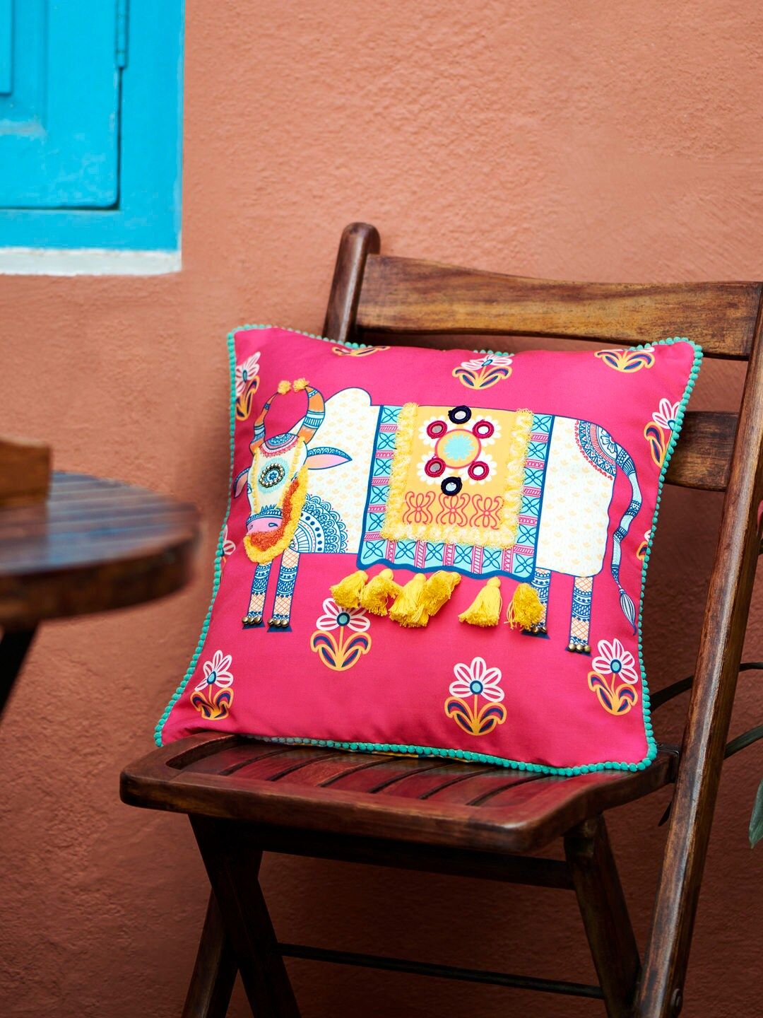 Chumbak Pink & Yellow Ethnic Motifs Square Cushion Cover Price in India