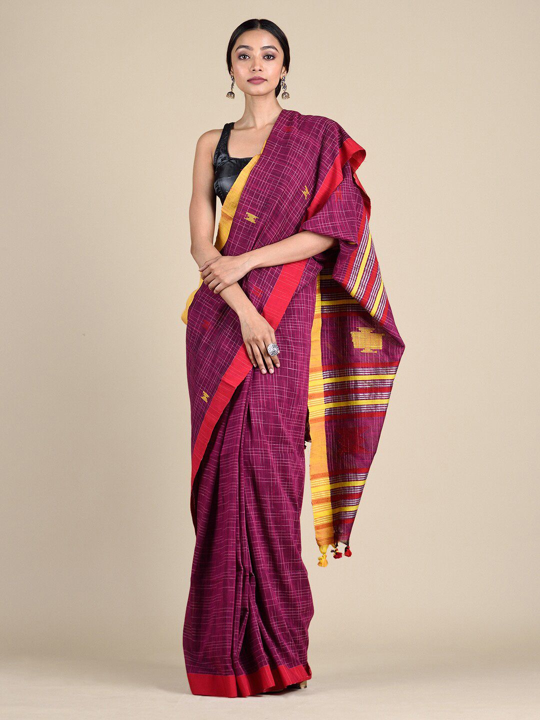 Mitera Women Magenta Pure Cotton Hand Woven Saree Price in India