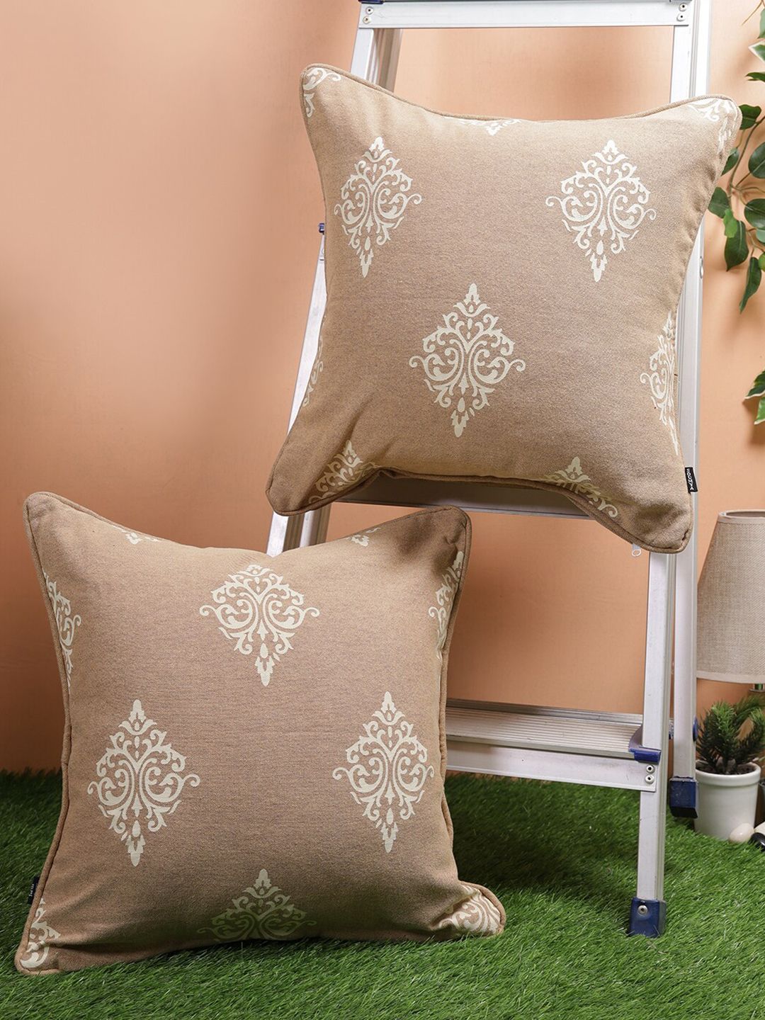 Soumya Beige & White Set of 2 Ethnic Motifs Square Cushion Covers Price in India