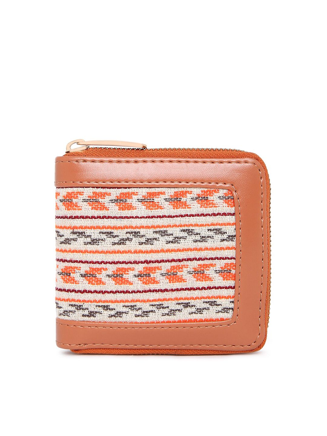 KLEIO Women Orange & White Geometric Self Design Zip Around Wallet Price in India