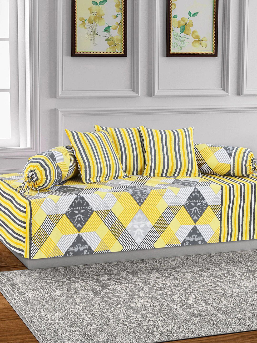 Salona Bichona 6-Pieces Yellow & Grey Printed Bedsheet With Bolster & Cushion Covers Price in India
