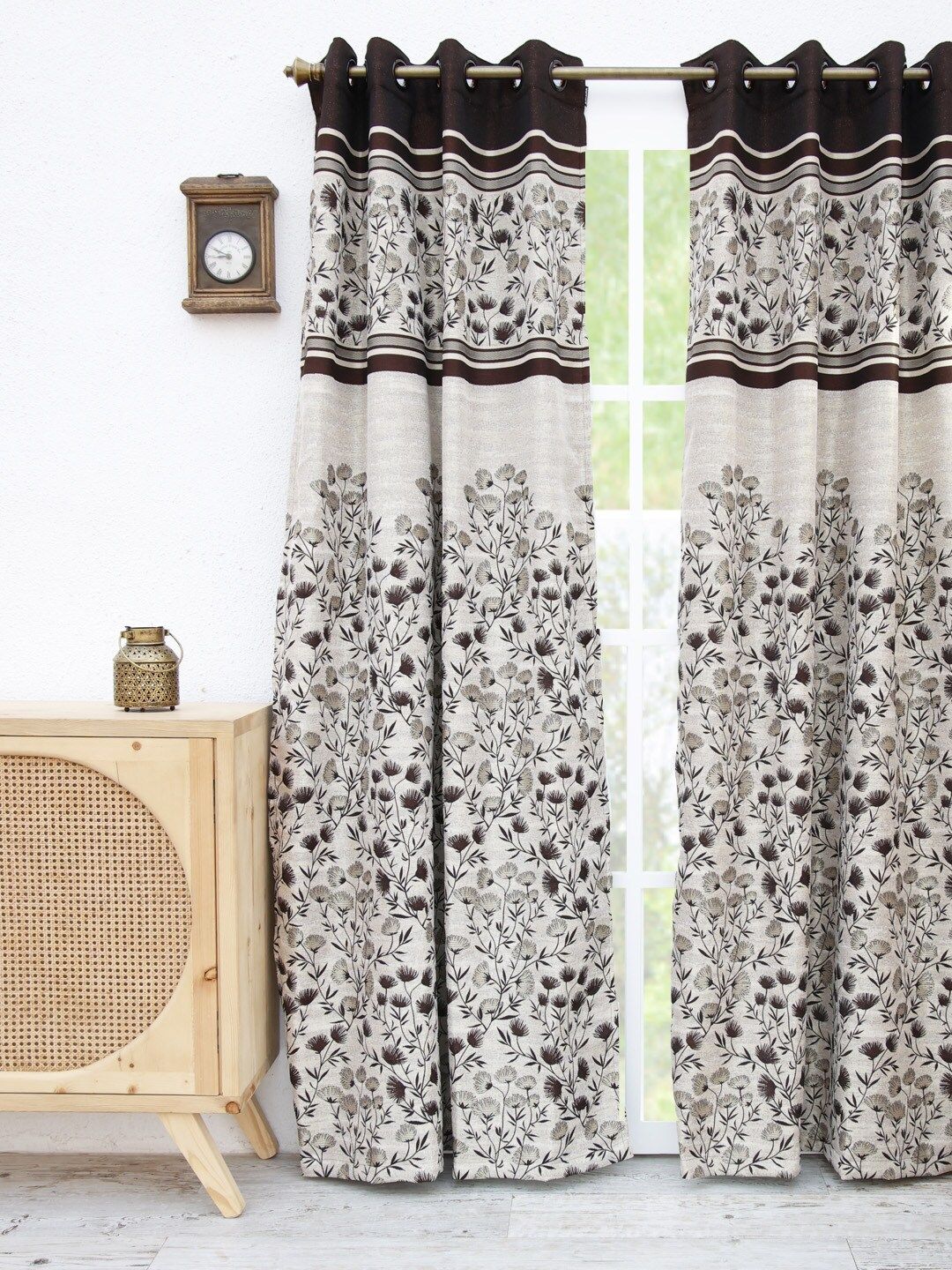 Ariana Beige & Brown Floral Room Darkening Door Curtain Price in India