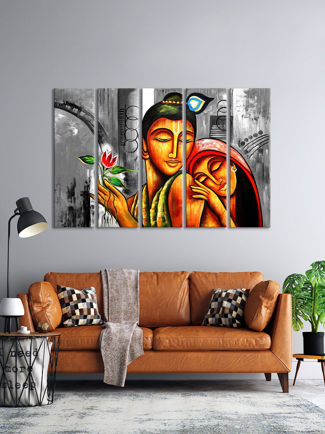 999Store Set Of 5 Grey & Yellow Modern Art Radha Krishna Hangings Wall Art Frames Price in India