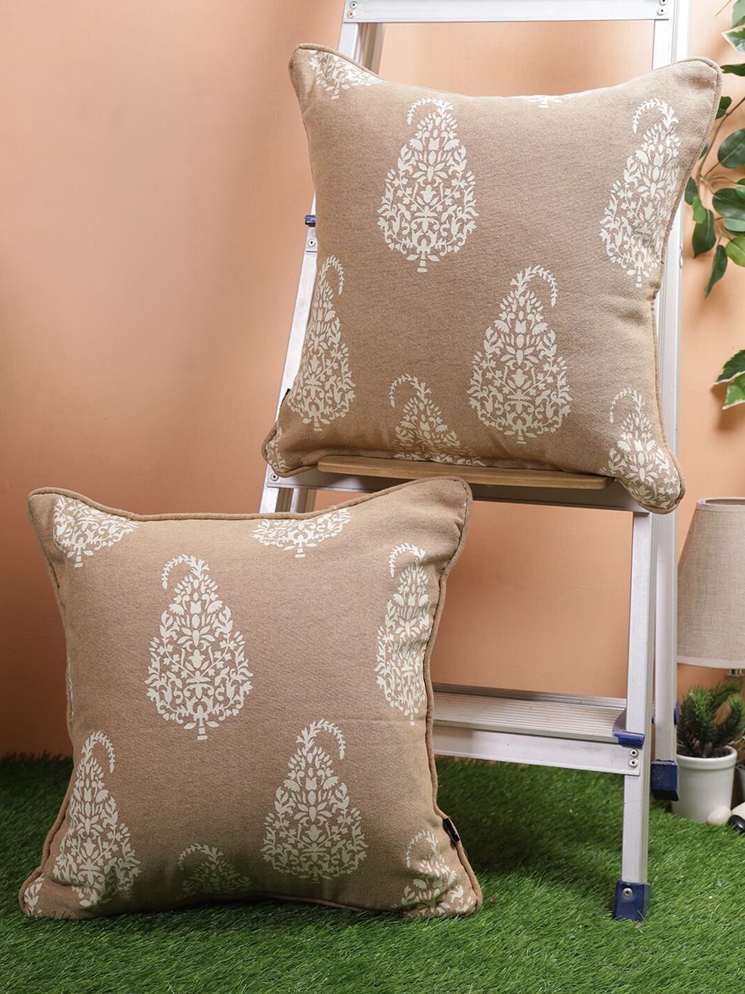 Soumya Beige & White Set of 2 Floral Square Cushion Covers Price in India