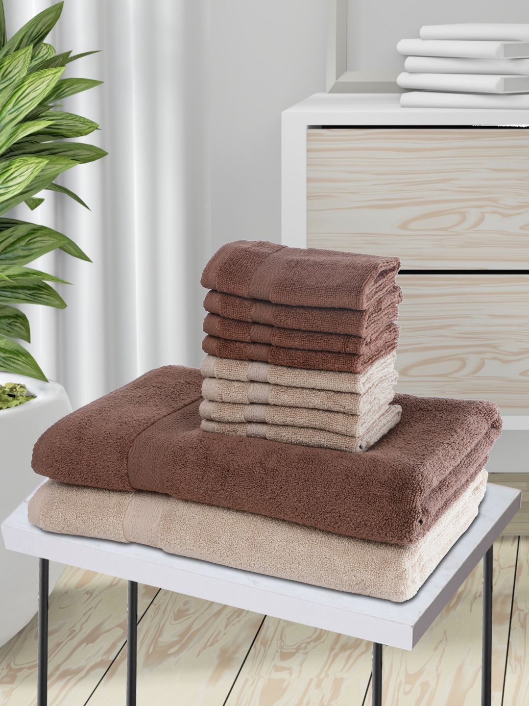 BIANCA Set Of 10 Brown & Beige Solid Towels Price in India
