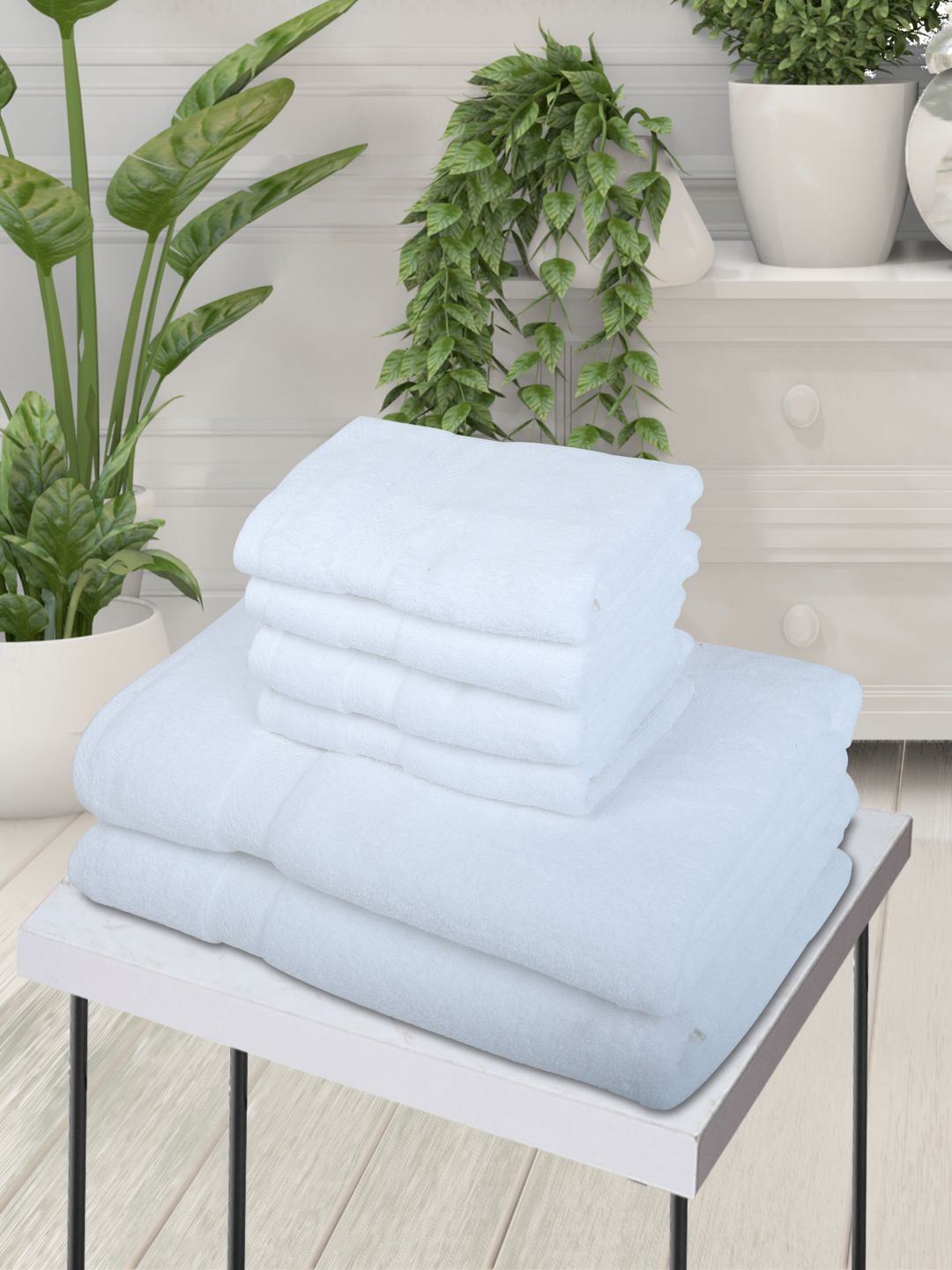 BIANCA Set Of 6 White Solid 500 GSM Cotton Towels Set Price in India