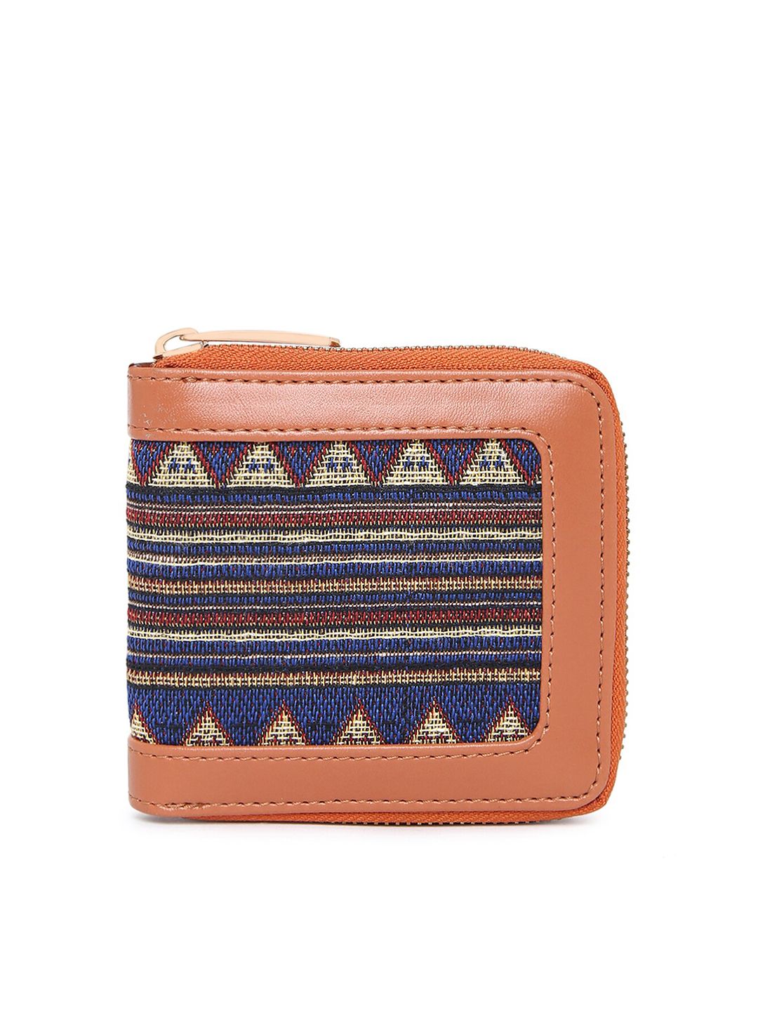 KLEIO Women Brown & Blue Geometric Self Design Zip Around Wallet Price in India