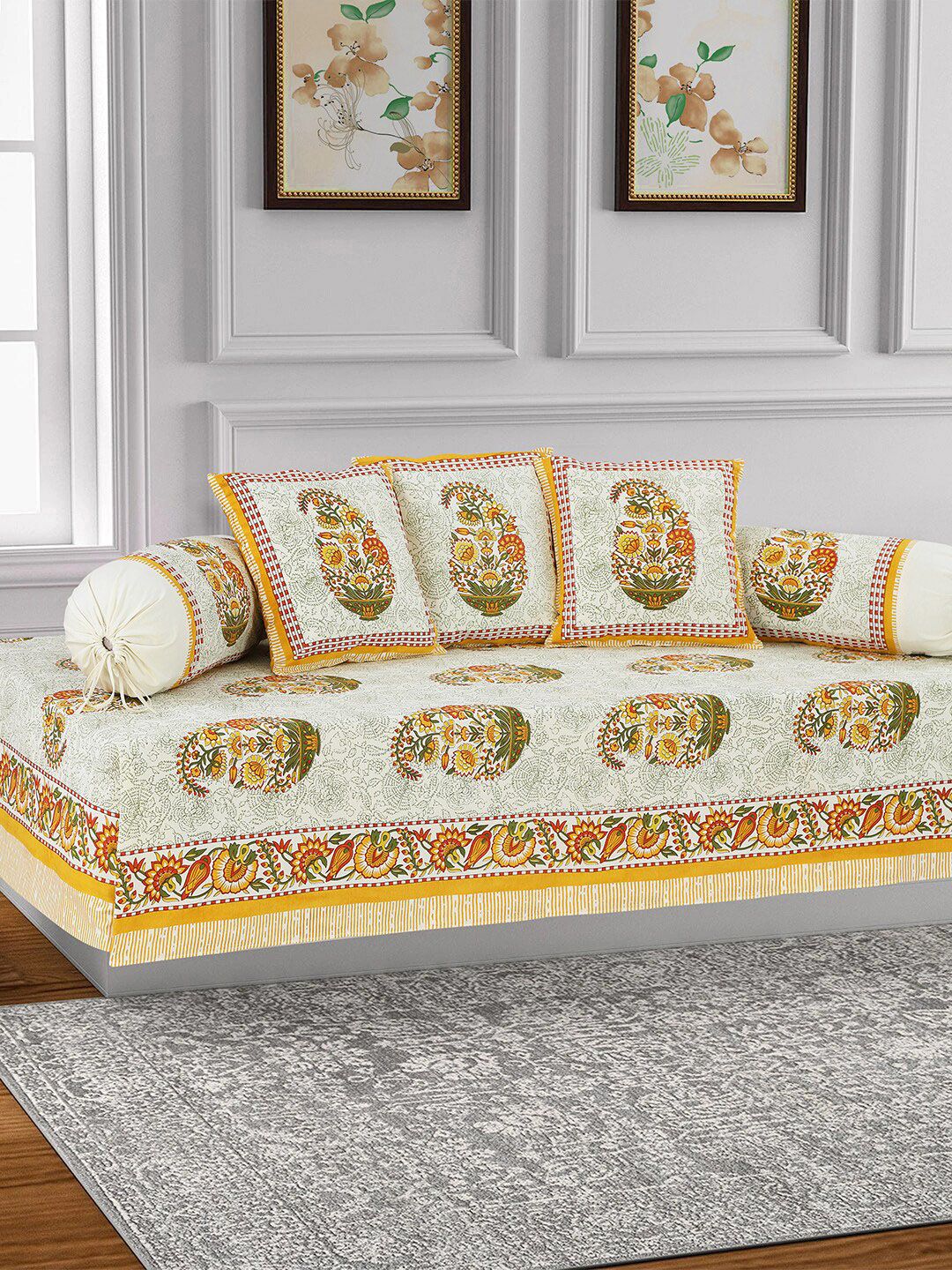 Salona Bichona Set Of 6 Yellow & Green Printed Bedsheet With Bolster & Cushion Covers Price in India